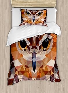Ambesonne Geometric Duvet Cover Set, Mosaic Owl Head in Linked Triangle Forms Retro Style Funk Geometric Boho Design, Decorative 2 Piece Bedding Set with 1 Pillow Sham, Twin Size, Brown Orange