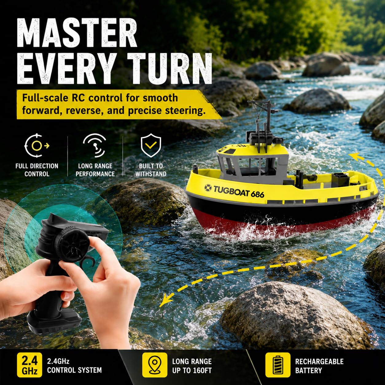 Barca radiocomandata 1/72 RC Tugboat per piscine e laghi, 2,4 Ghz, telecomando ad alta velocità, con luci a LED e allarme batteria scarica, per adolescenti e adulti