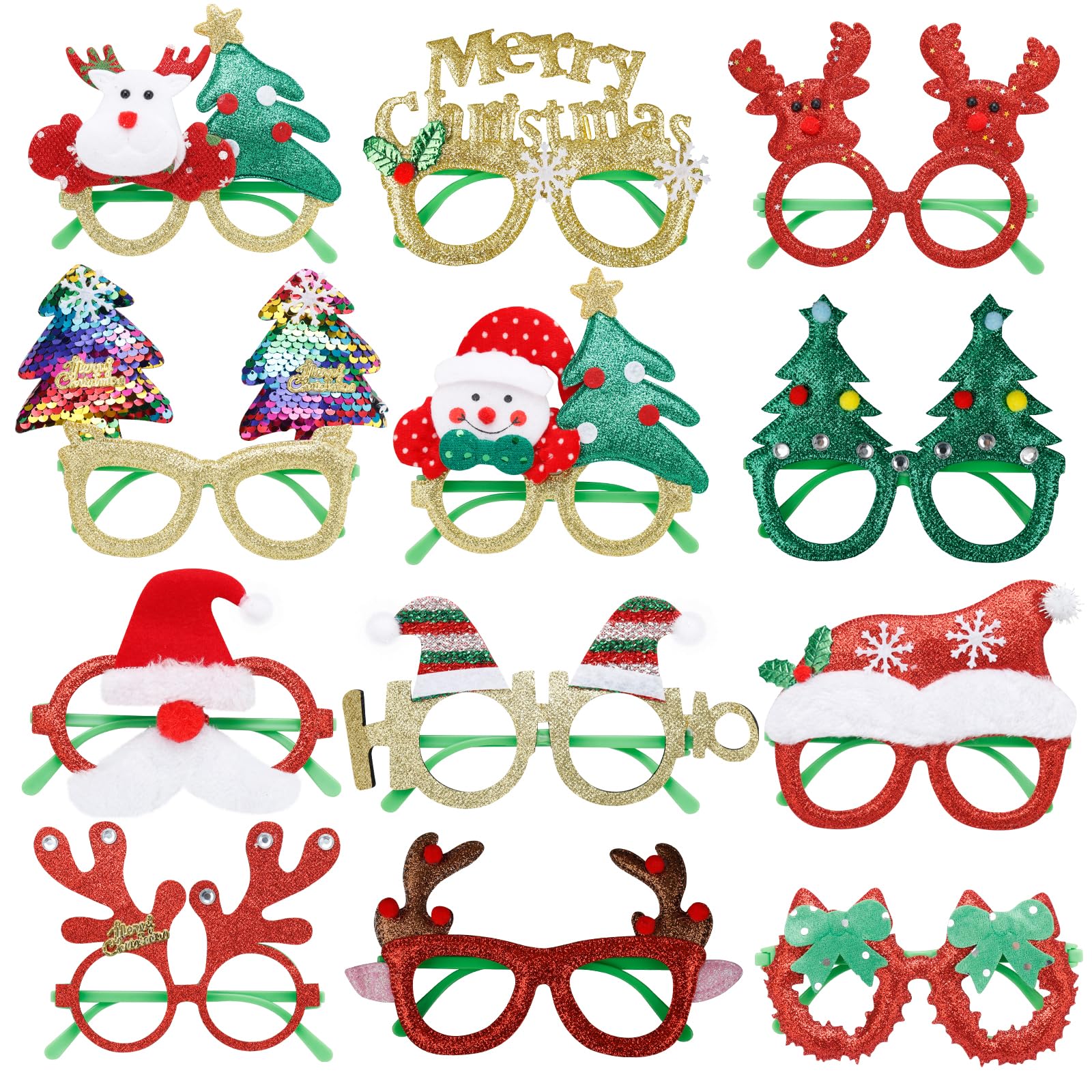 NAFY 12Pcs Christmas Glasses Funny Glitter Party Eyeglasses Frames Cute Xmas Prop Glasses Creative Christmas Decoration Costume Glasses Eyewear for