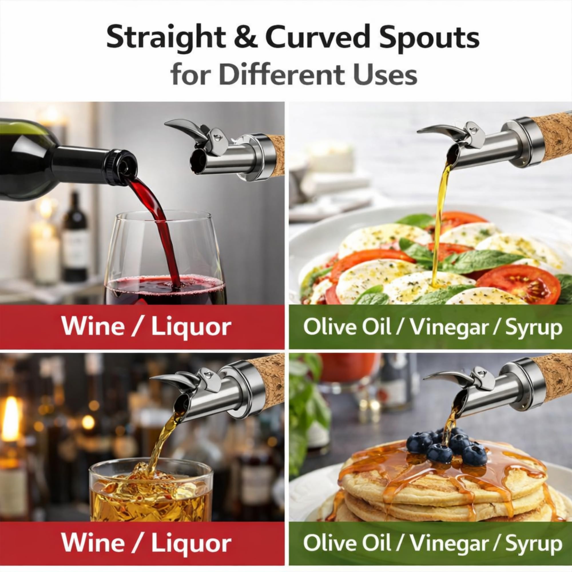 NDS - Paquete de 2 vertedores y rociadores de aceite de oliva de acero inoxidable y corcho con tapa superior abatible con bisagras, ideal para dispensador/botellas de vino, licor, café, jarabe y
