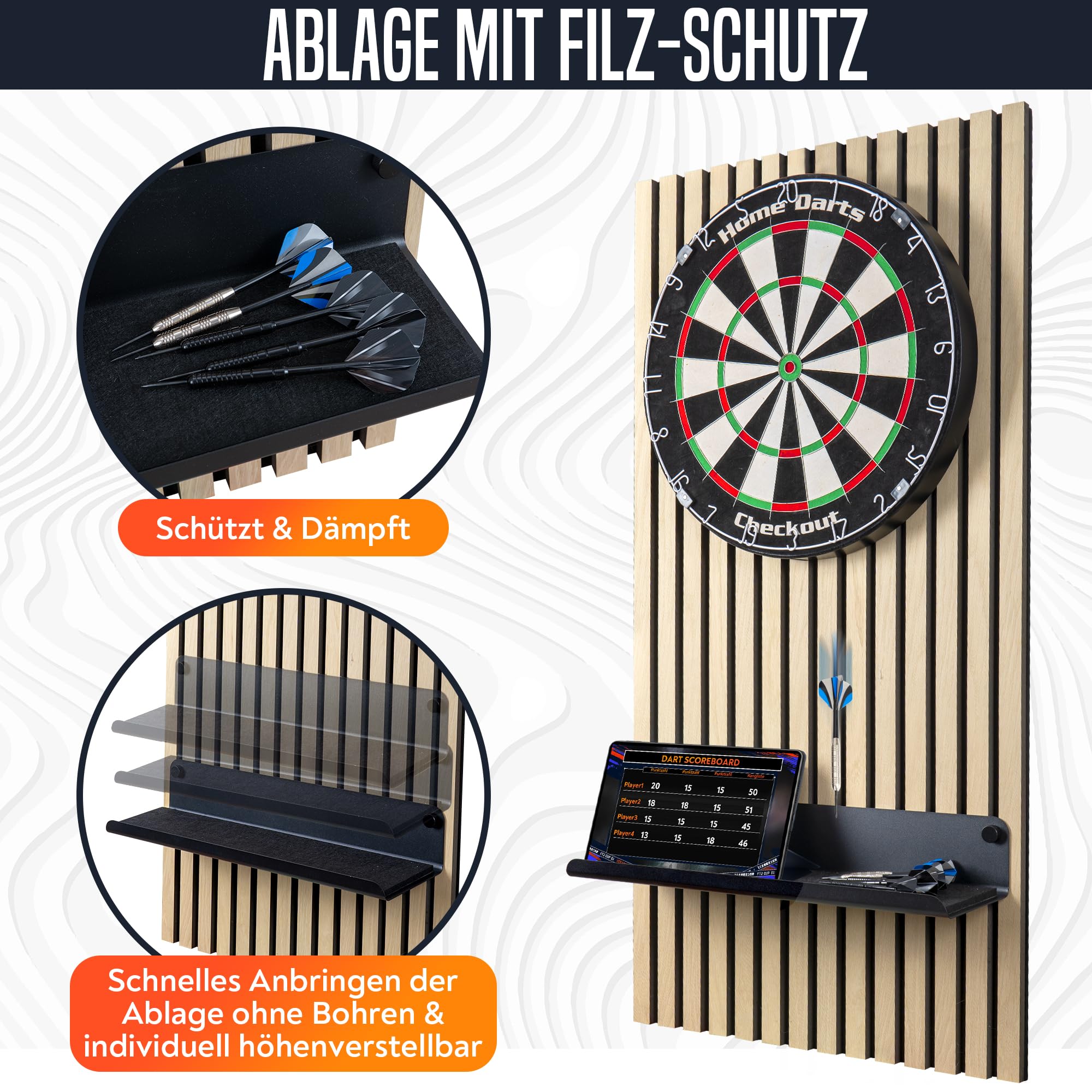 HOME LOVE® Dartscheibe Steeldart mit Dart Wandschutz & Ablage – Premium Sisal Dartboard Set mit 6 Steel-Darts & schalldämmender Rückwand – Steeldartscheibe Geschenk für Dart-Fans