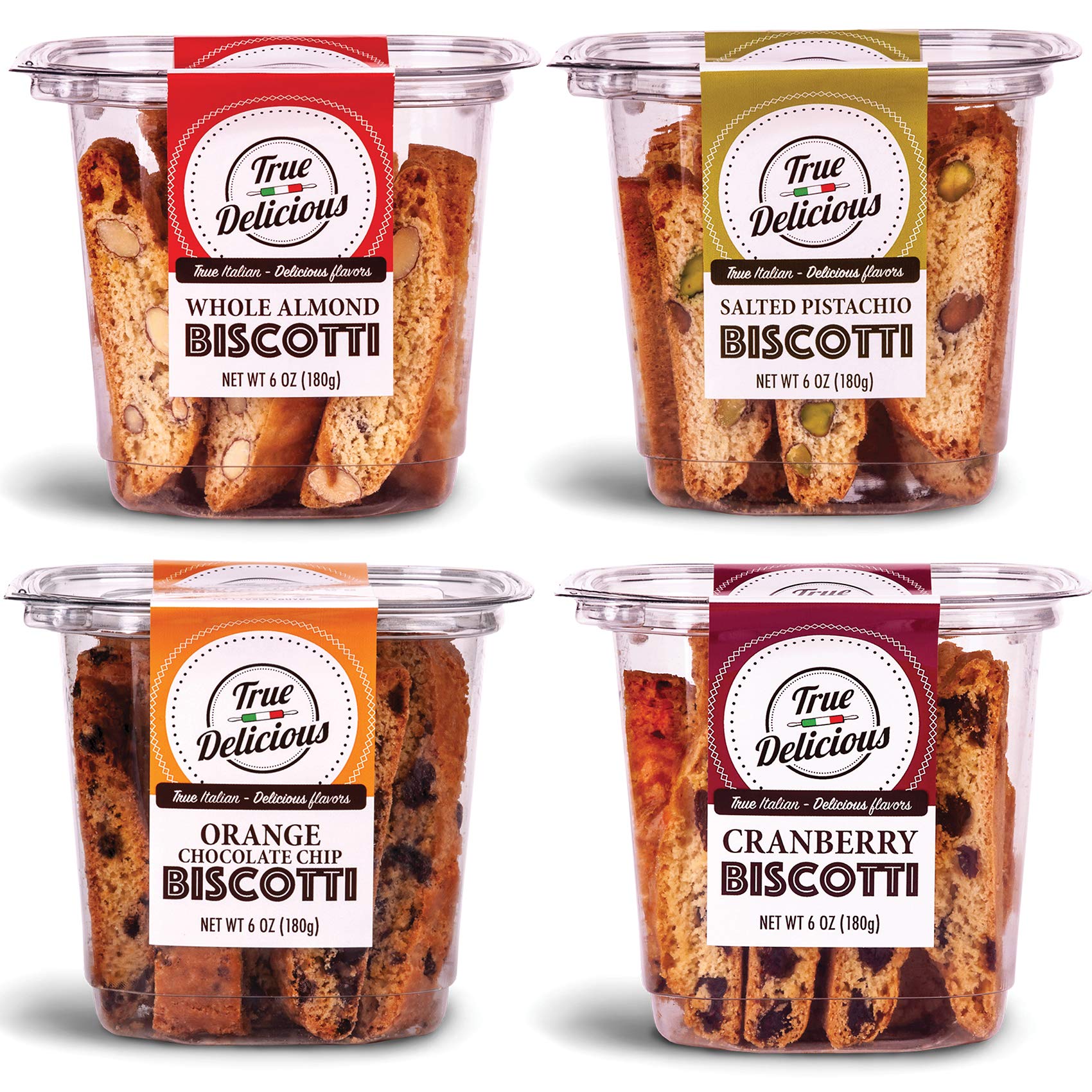 True Delicious BISCOTTI, 4 Boxes of Different Flavors (Whole Almond, Salted Pistachio, Orange Chocolate Chip, Cranberry), 4x6oz…