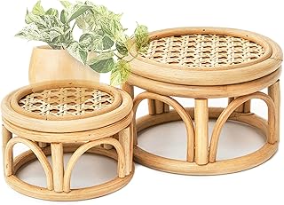 Set of 2 Small Boho Rattan Wicker Round Riser Plant Stand Indoor,Rustic Farmhouse Natural Wooden Circle Pedestal for Decor...