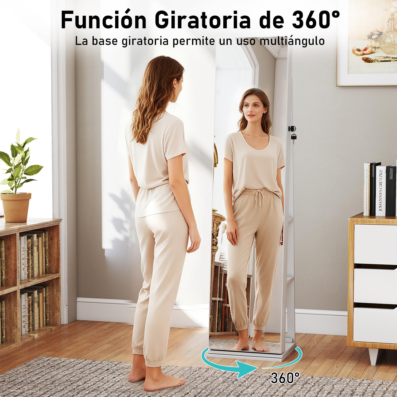 COSTWAY Espejo Joyero de Pie, Armario Joyero Giratorio 360°, Luces y Estantes, Blanco