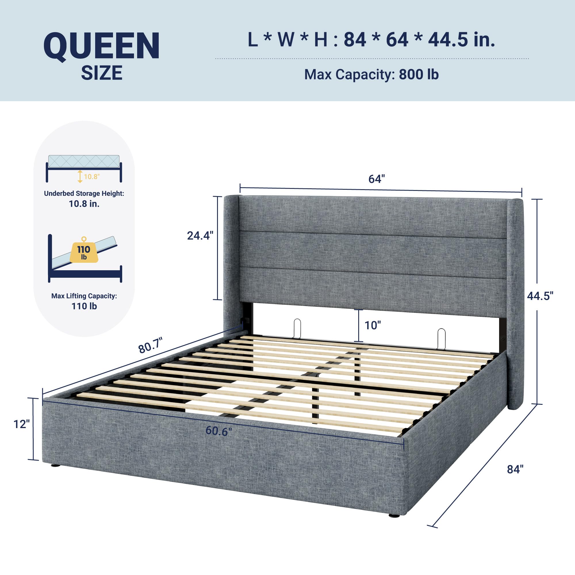 Allewie Queen Size Lift Up Storage Bed, Modern Wingback Headboard, Hydraulic Support, No Box Spring Needed, Grey Blue - 2