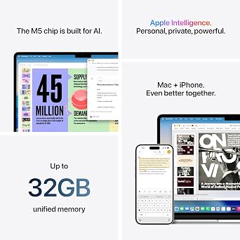 Apple MacBook Air 13-inch Laptop M5 chip with 10-core CPU and 10-core GPU: Built for AI, 13.6-inch Liquid Retina Display, 16GB Unified Memory, 1TB SSD, 12MP Center Stage, Touch ID, Wi-Fi 7; Silver
