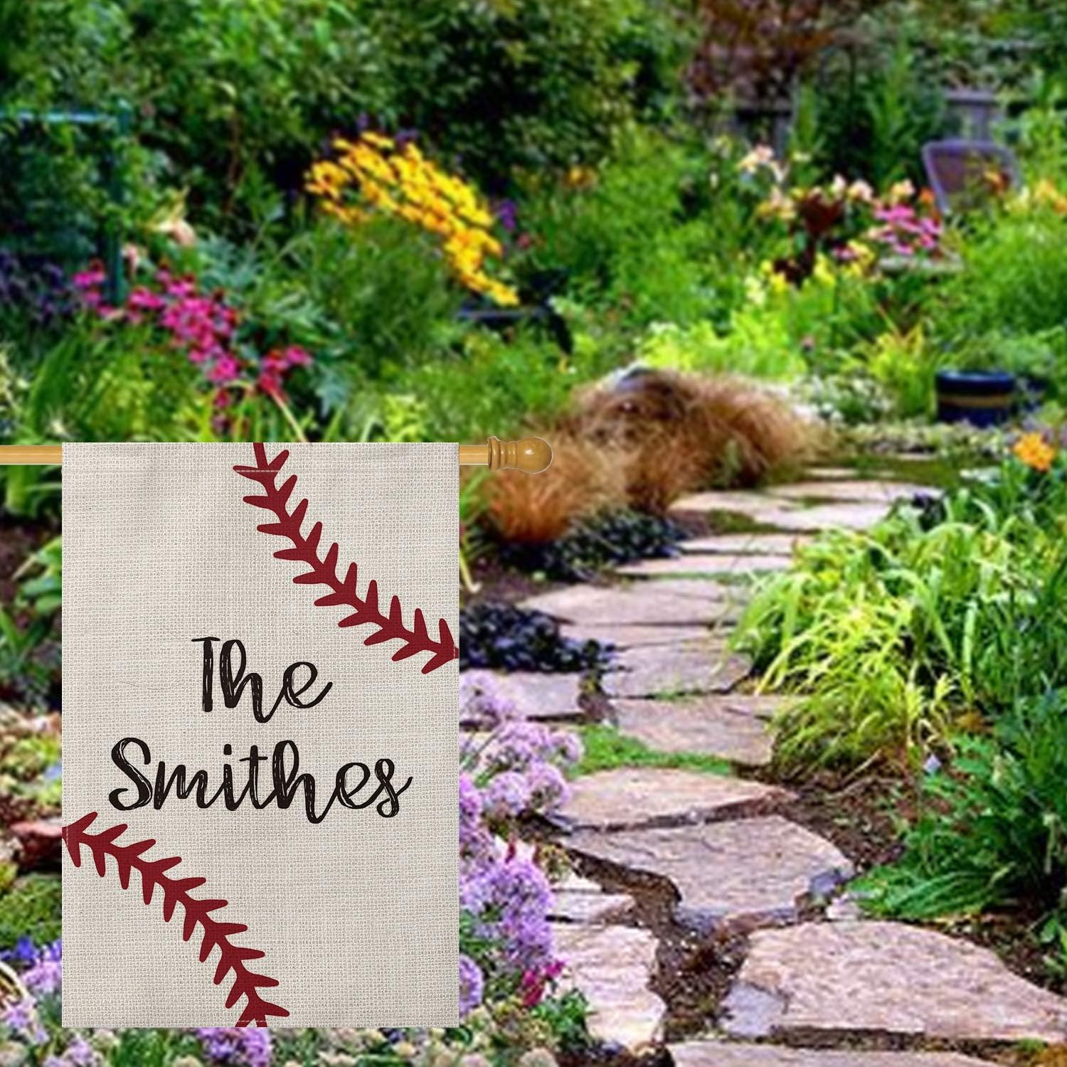 SMILE Personalized Baseball House Flag, Customized Family Last Name Softball Sport, Double Sided 28 x 40 Inch Rustic Farmhouse Burlap Yard Outdoor Decoration