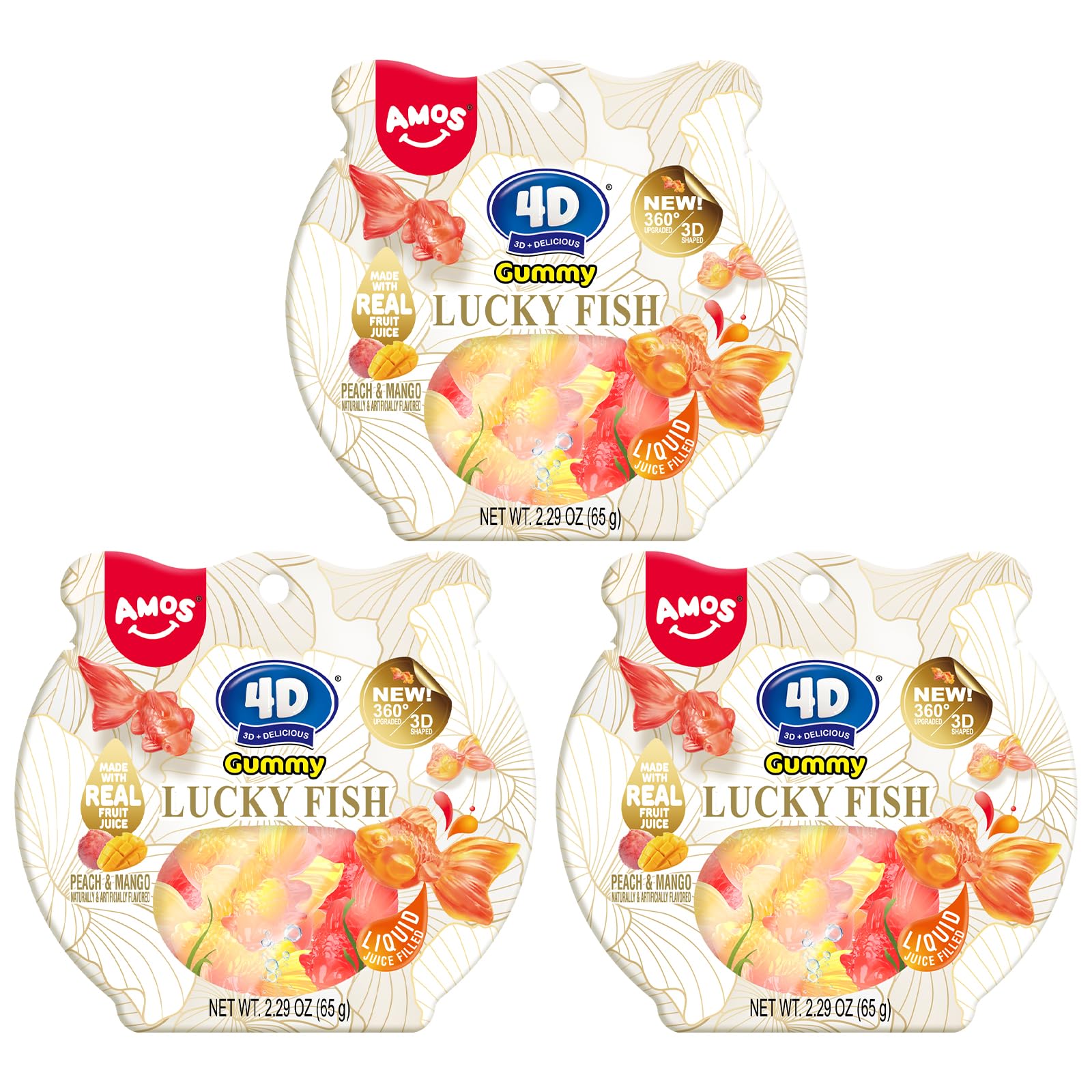 AMOS 4D Gummy Goldfish Lucky Fish Candy, 3D Goldfish-Shaped Filled Gummies, Made with Real Mango & Peach Juice, Gluten-Free, 65g per Bag (3-Pack)
