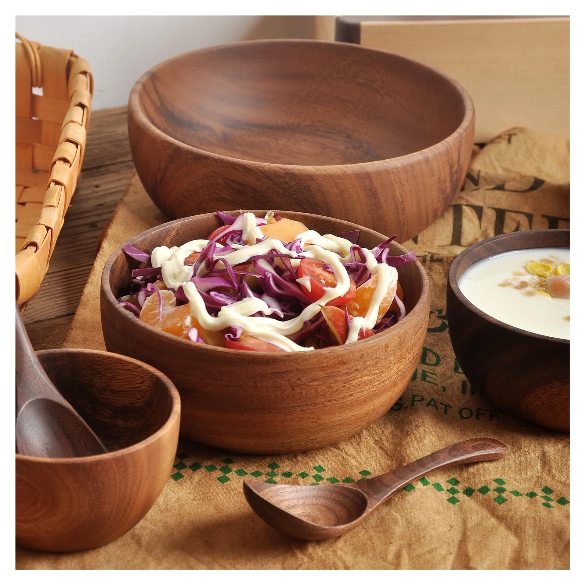 Ensaladera Cuenco de madera Vajilla Hogar y Palangana Plato frutas Ensalada Sopa entera(Bowl 22x7.5cm)
