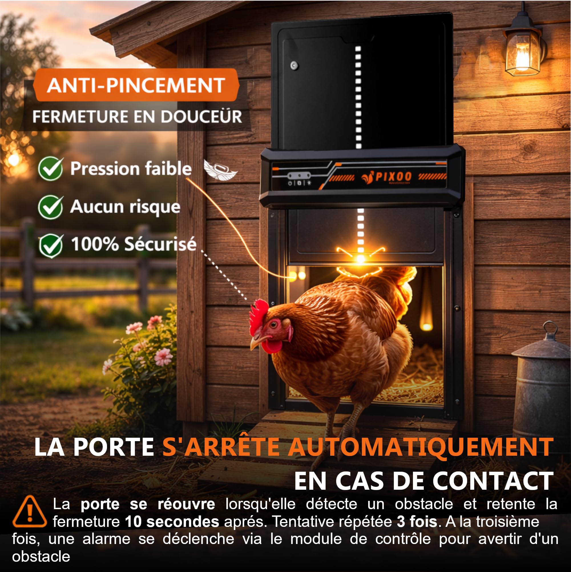 Porte Poulailler Automatique Solaire, Télécommande 120m, 4 Modes Timer/Luminosité, Anti-Pincement, Aluminium IP45, Batterie Rechargeable, 24x28cm