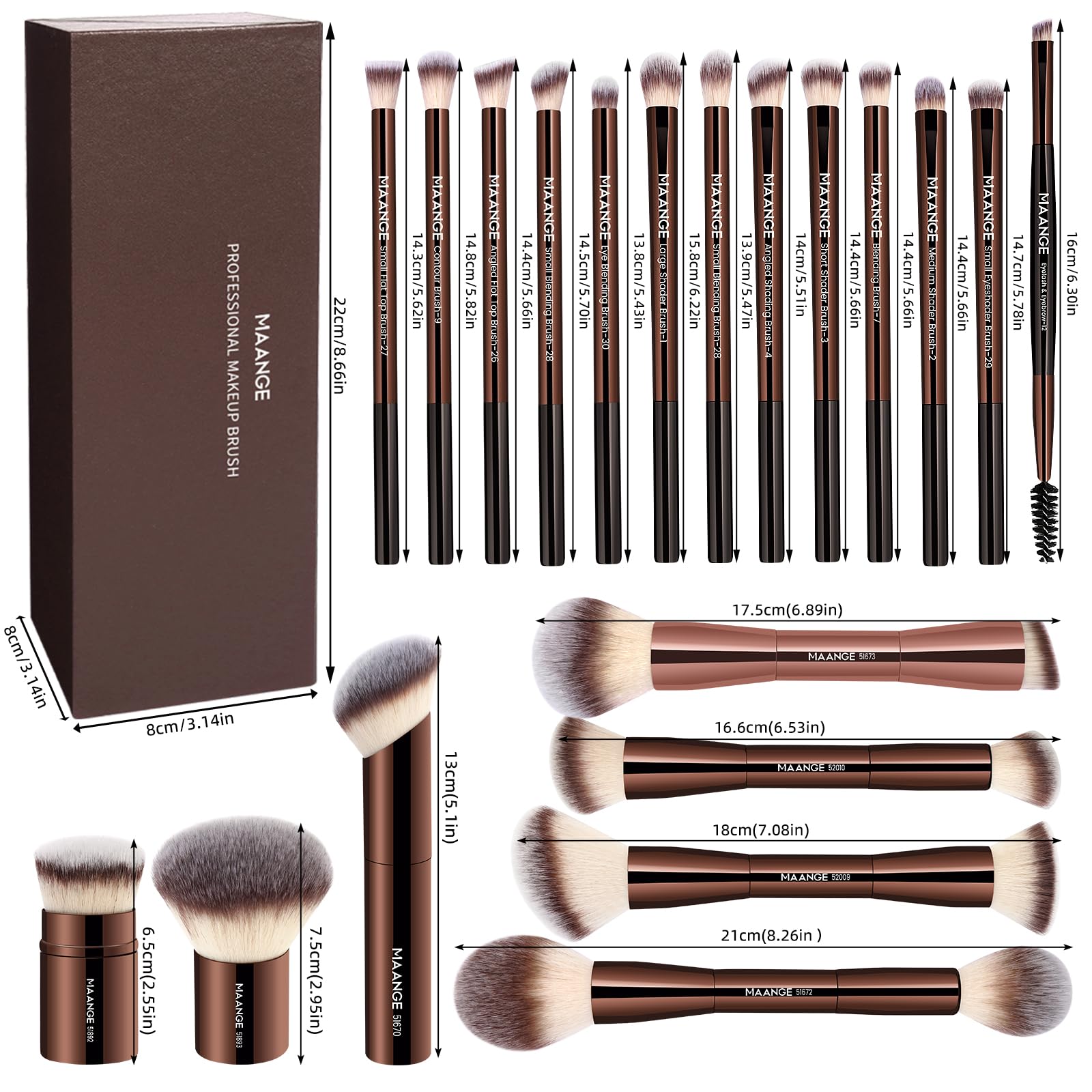 MAANGE Set di 20 pennelli da trucco con confezione regalo, pennelli da trucco multifunzionali a doppia faccia per sfumare cipria liquida, correttore, crema fard e illuminante, marrone caffè