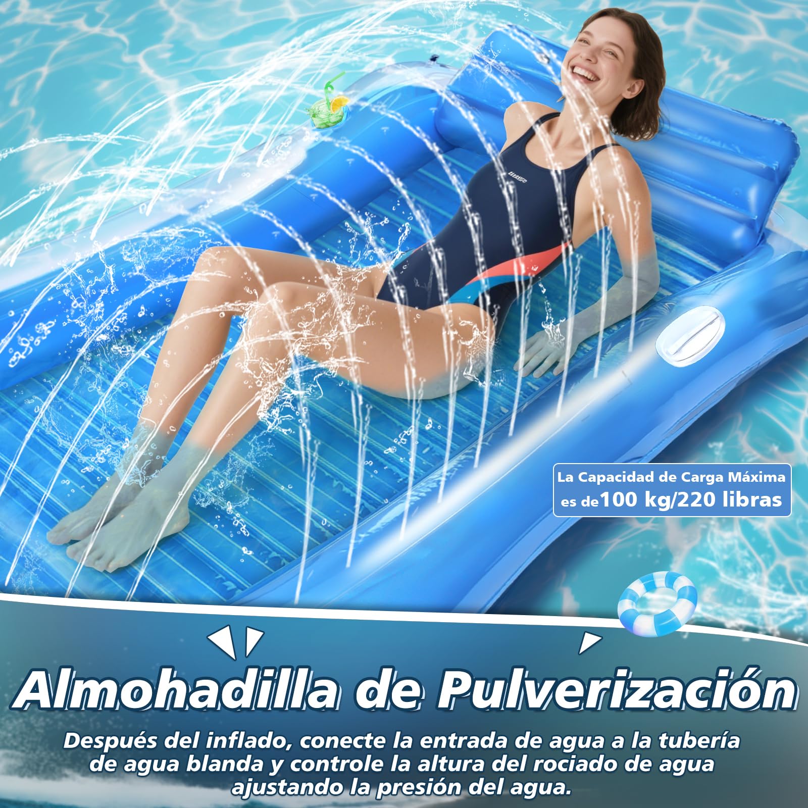 JONRRYIN Colchoneta Piscina Adultos, Flotador Hinchable Tipo Hamaca, Tanning Pool con Reposacabezas, Colchoneta Flotante 200 × 124 cm para Playa Lago Fiestas Verano Juguetes Acuáticos