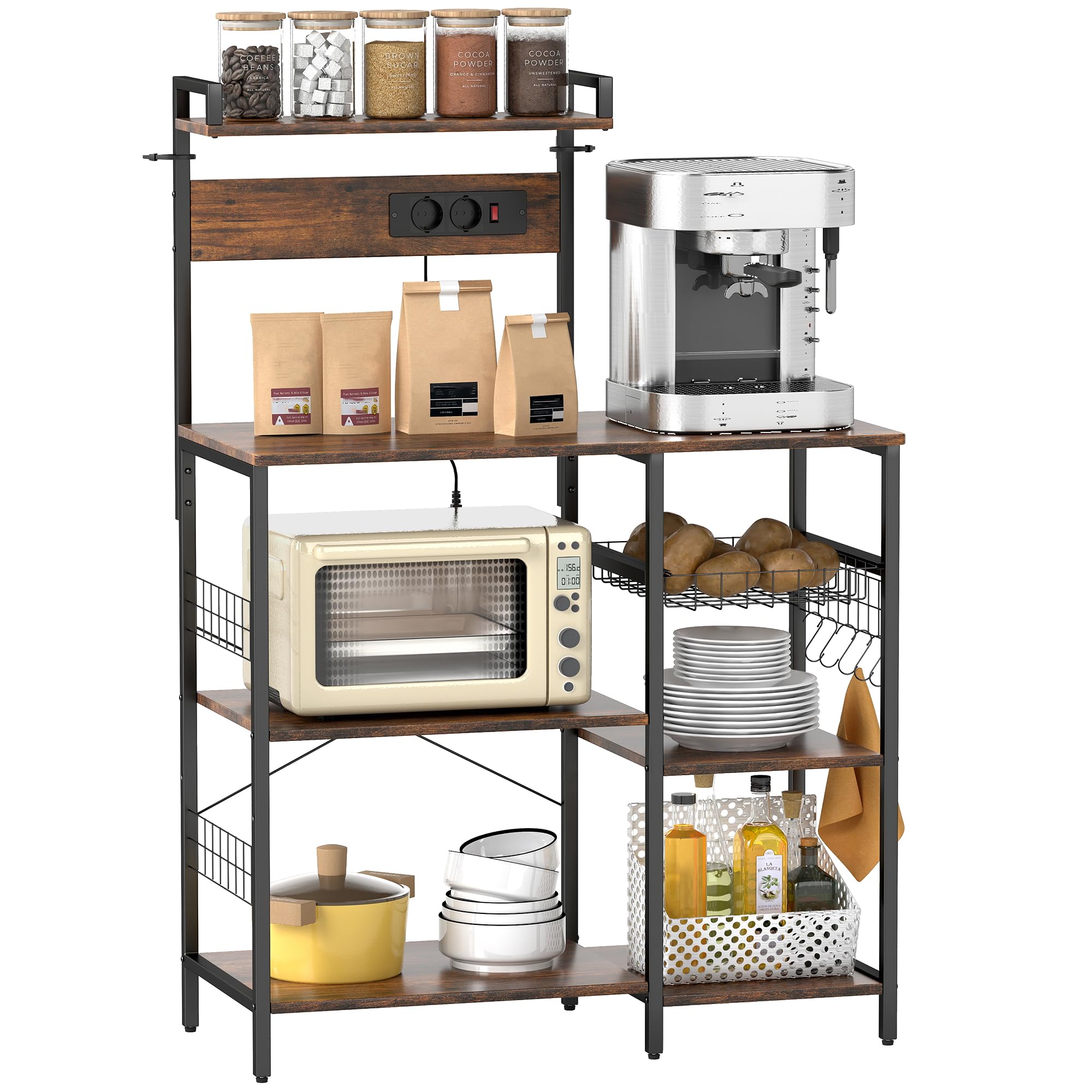 HOMCOM Étagère de cuisine, sur pied, avec 2 prises, 5 crochets en S, 5 étagères, étagère de boulangerie avec panier, barres en X, bar à café en acier, marron rustique, 90 x 42 x 130 cm