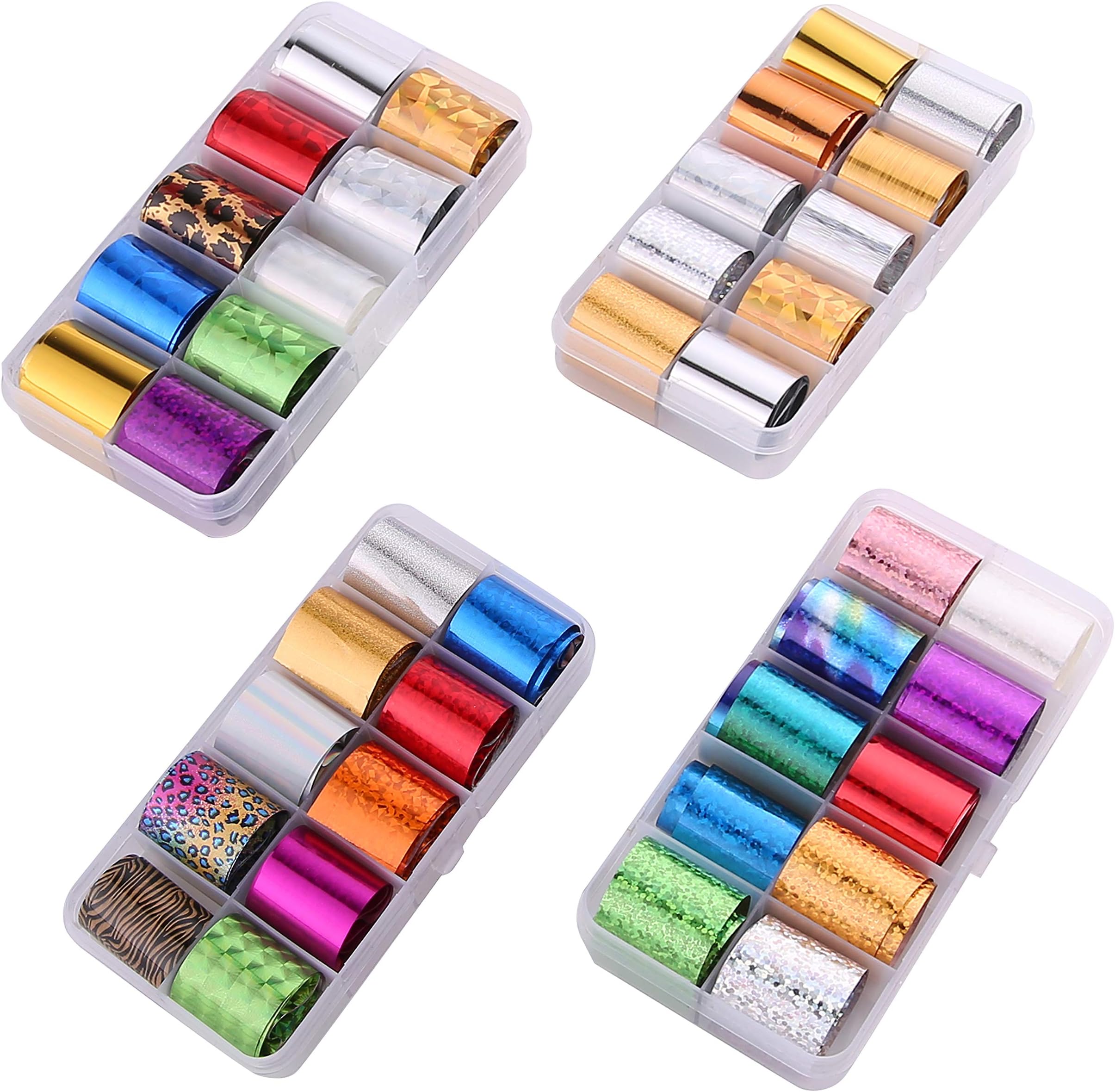 Teemico 4 Box of 40 Rolls Glitter Nail Art Stickers Nail Transfer Foil Wraps-Shell Pattern Starry Sky/Butterfly/Heart/Flower Lace Pattern Decals For Nails Art (Pattern A)