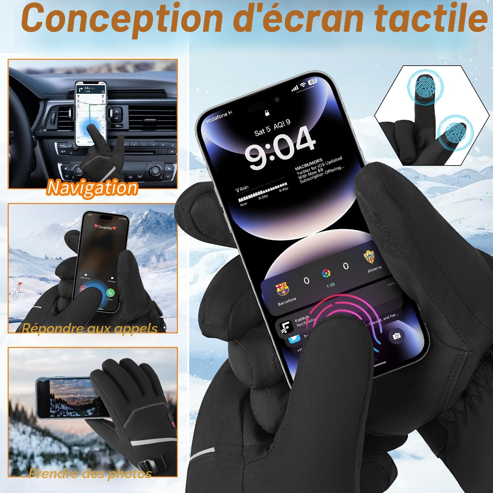 Gants Chauffants pour Hommes et Femmes, Gants Chauffante Électriques avec 7.4V/20000mAh Rechargeable Batterie, Gant Chauds pour Hiver Moto Snowboard Randonnée Cyclisme Randonnée Course à Pied