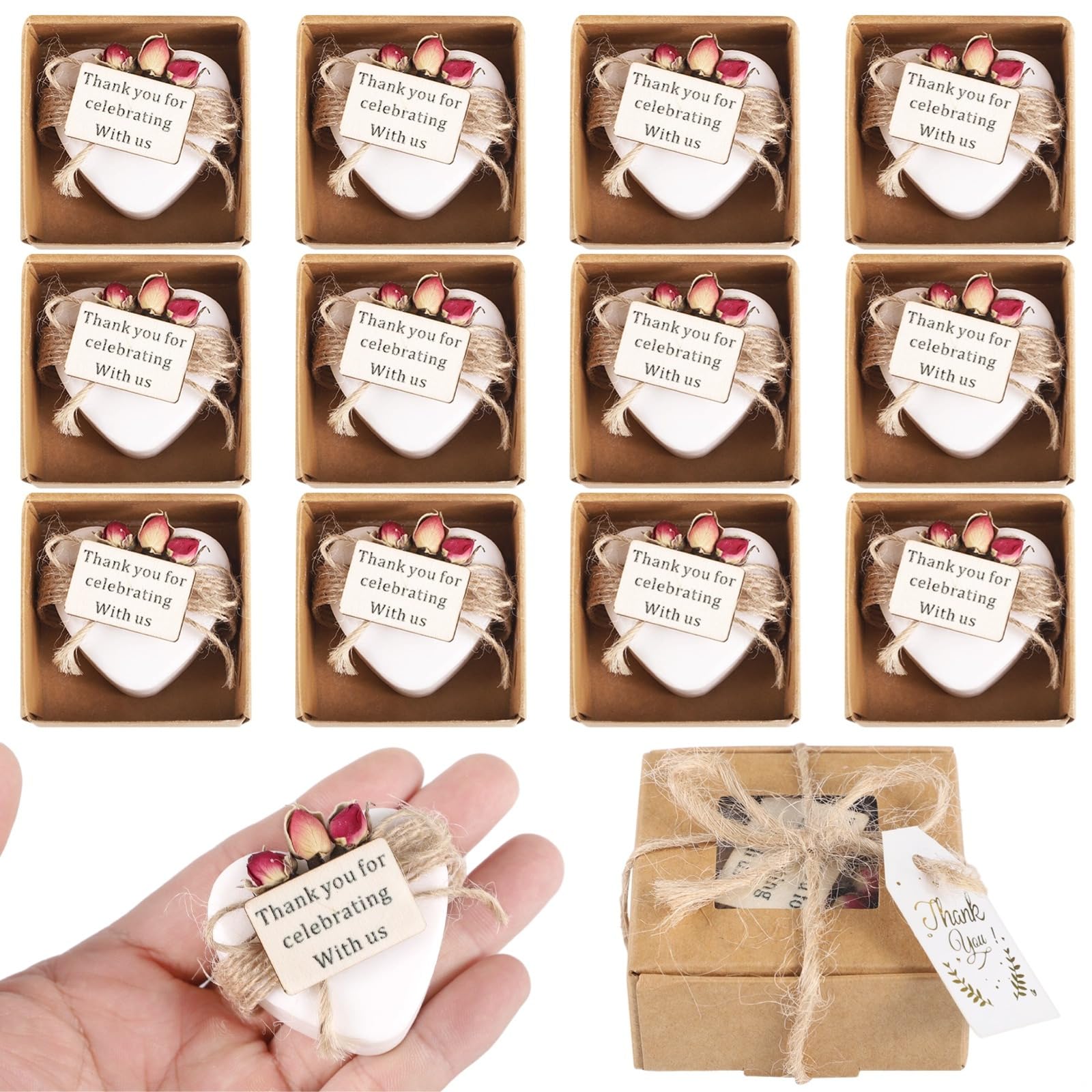 Set Di 12 Saponette Mini A Forma Di Cuore Fatte A Mano, Bomboniere Profumate Per Matrimonio E Addio Al Nubilato, Confezione Regalo Per Tè Con Etichetta Di Ringraziamento, Include Rosa Secca