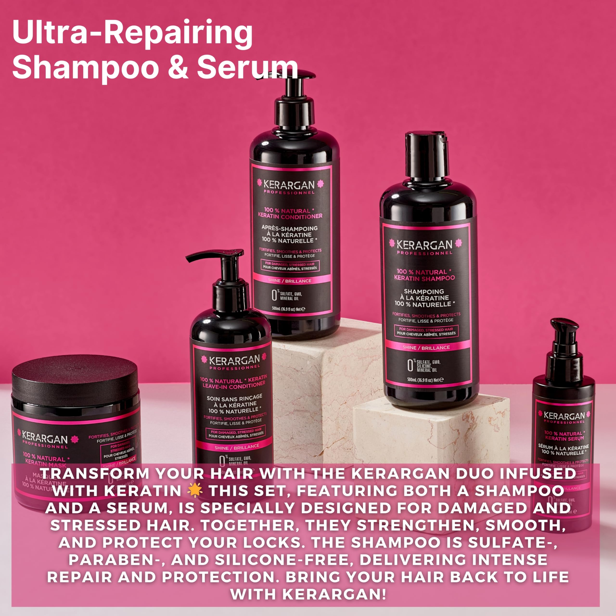 Kerargan, Ultra Repairing Shampoo and Serum Duo with Keratin for Damaged and Stressed Hair, Strengthens, Smooths - Image 2