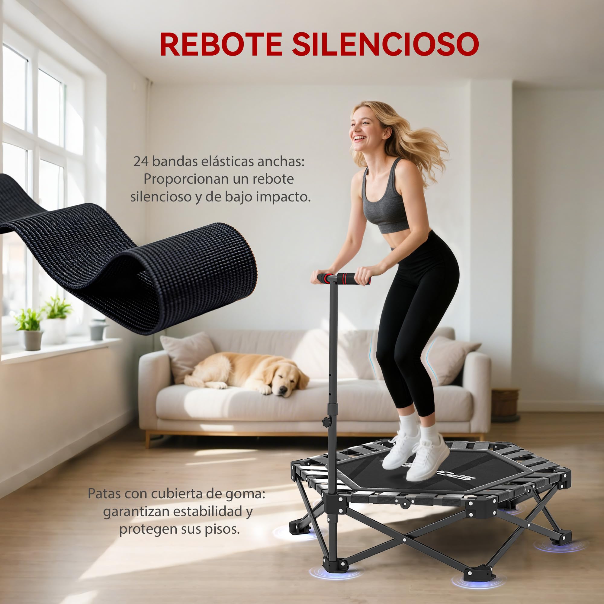 SPORTNOW Trampolín de Fitness Plegable 104 cm, Mini Cama Elástica con Barra Ajustable en 3 Alturas, Silencioso, Marco Metálico Reforzado y Bolsa de Transporte, para Entrenamiento en Hogar, Gimnasio