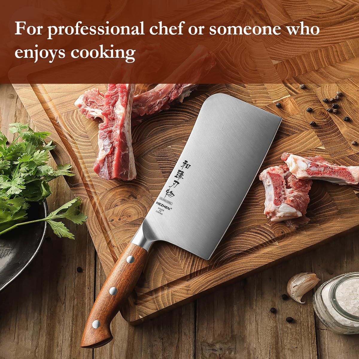 HEZHEN Couteau à Hacher Chinois, Couperet à Viande, Manche en Redwood