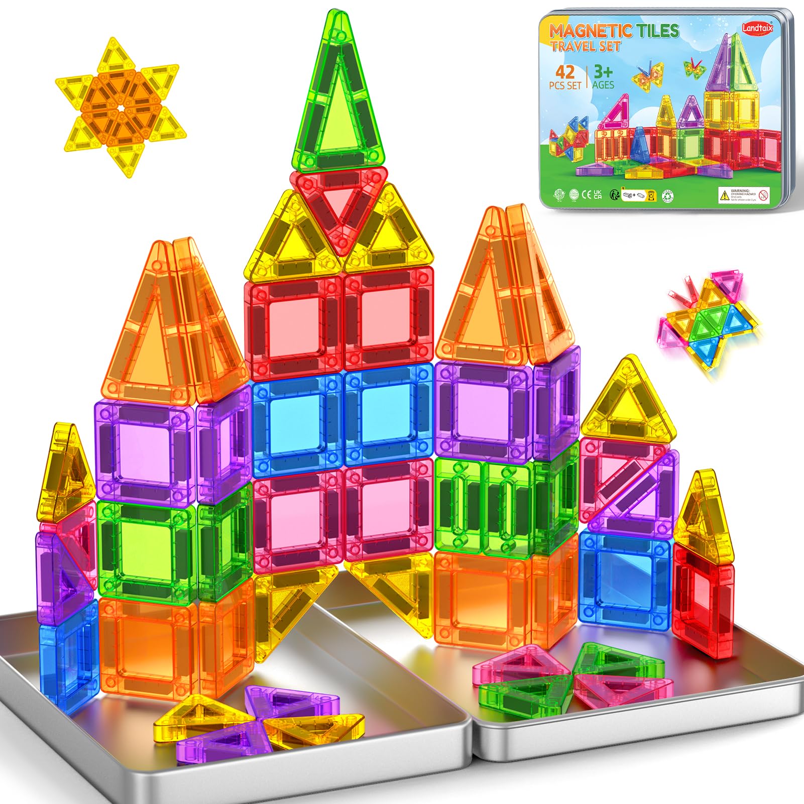 Photo 1 of ***FACTORY SEALED***Mini Magnetic Tiles Travel Magnetic Tiles with Iron Box,42PCS Magnet Building Block Set Travel Toys for Kids Ages 3+,Educational Portable Magnet Toys Gifts for Toddlers Boys & Girls Christmas Birthday
