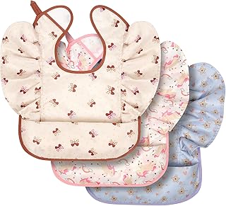 Lictin Baby Bibs for Girls Waterproof - 3 Pack Mess Proof Bib, Oil-proof Toddler Feeding Bib with Adjustable Closure, Baby Bibs for Eating 6-36 Months, Baby Food Bib Machine Washable