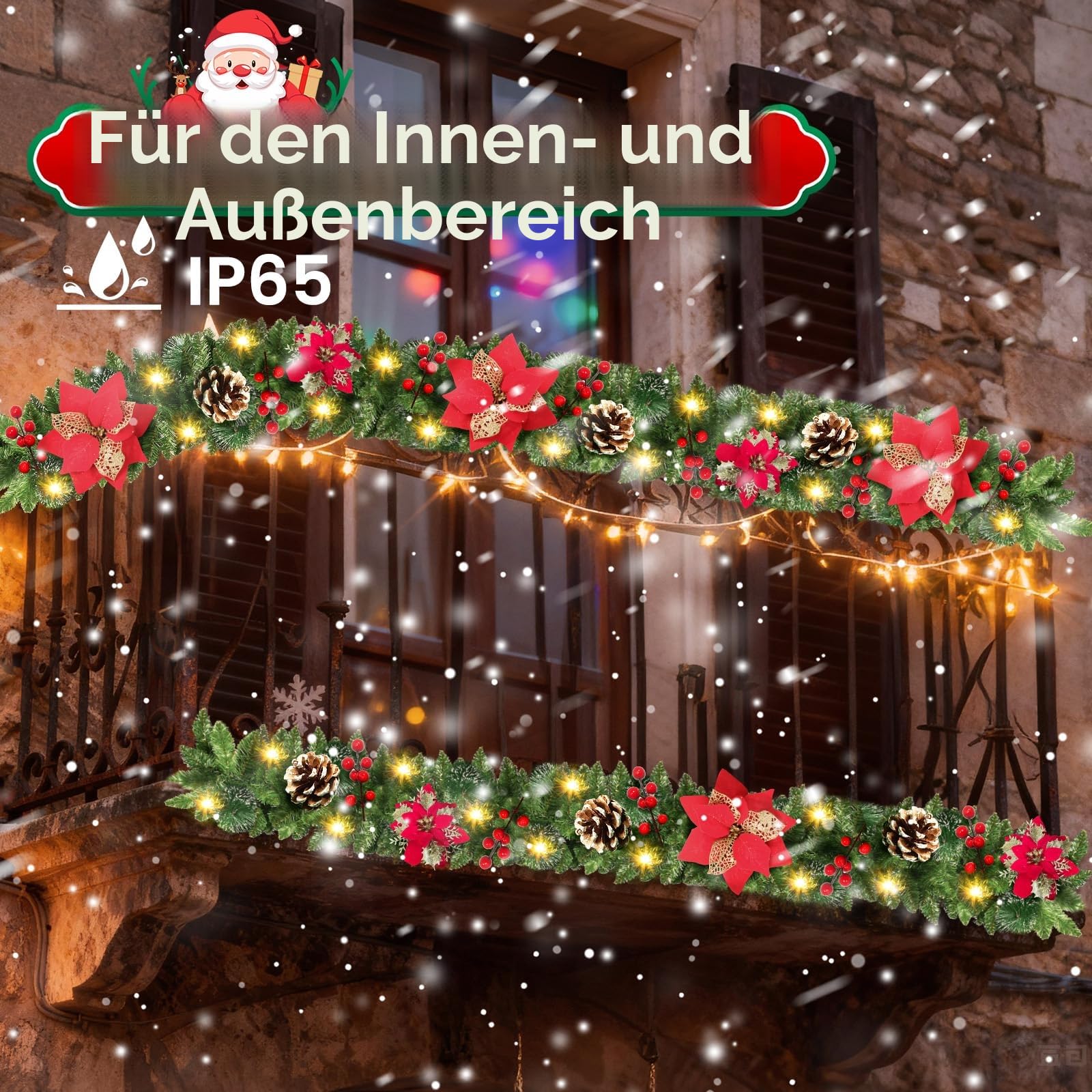 2.7m Weihnachtsgirlande mit Beleuchtung, IP65 LED Tannengirlande batteriebetrieben mit Timerfunktion, Weihnachtsdeko Girlande für Innen & Außen, Deko für Treppen, Kamin, Haustür