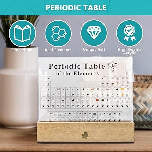 Miniatura 4 de MegaBox Tabla periódica de elementos con 83 elementos reales, exhibición de mesa periódica acrílica con soporte de madera, 6 tarjetas de referencia