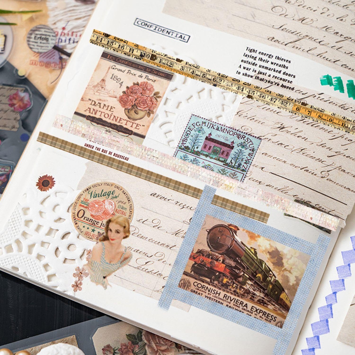 Set 20 Rotoli Nastro Washi Retr&ograve; + 3 Adesivi - Per Scrapbooking E Fai-Da-Te Creativo