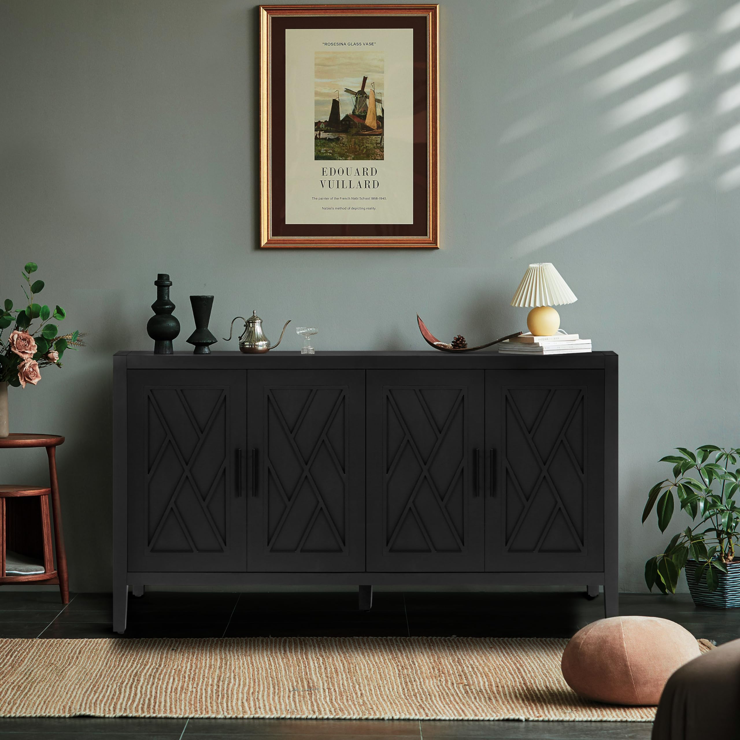 Harper & Bright Designs American Country Vintage Buffet Storage Cabinet,4 Door Wooden Twill Sideboard,59.8" L Accent Cabinets Console Table Sideboard for Living Room Hallway Entryway(Black)