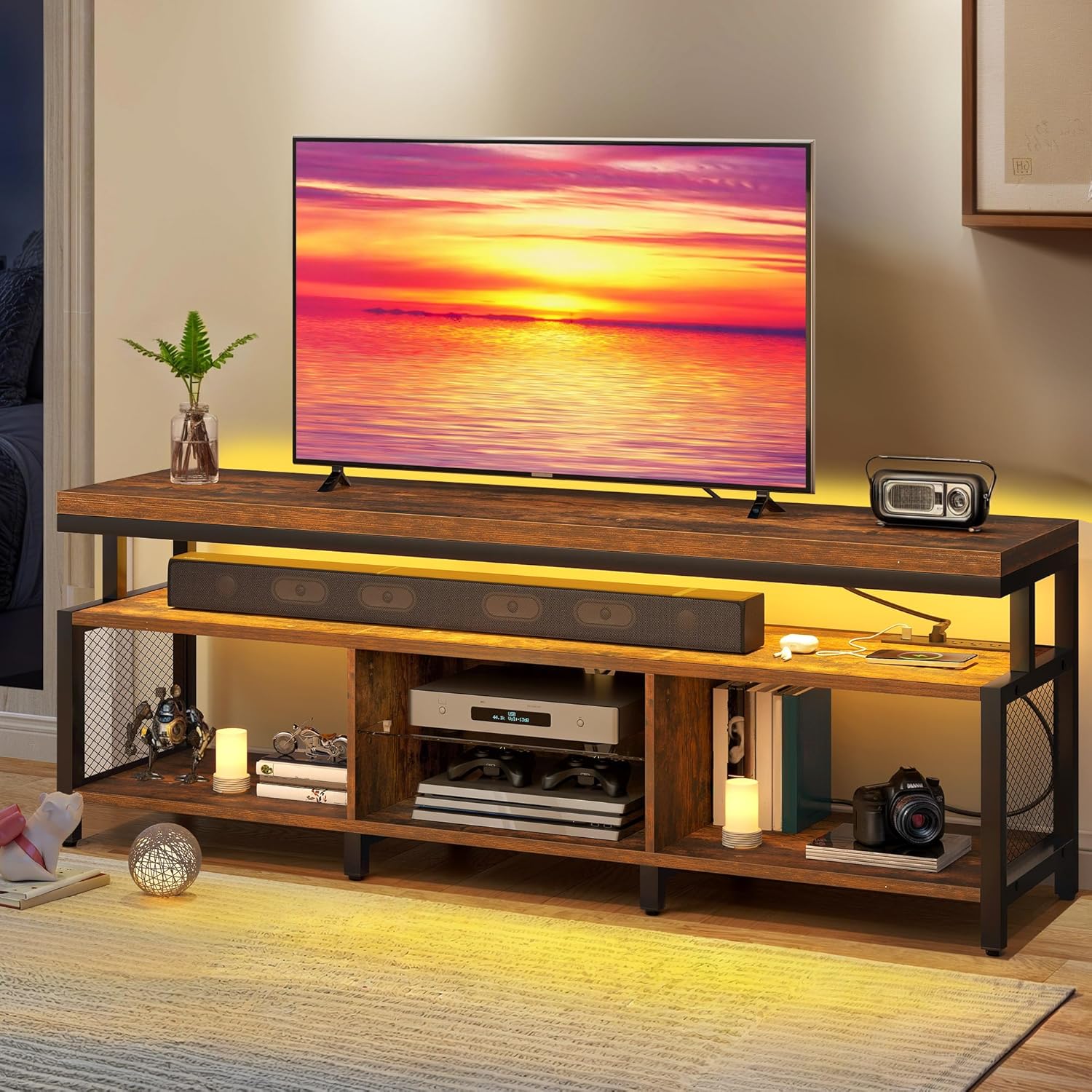 DWVO LED TV Stand for 70/65 inch TV, Entertainment Center with Storage, TV Stands for Living Room, Industrial Media TV Console Cabinet with Power Outlets, Rustic Brown
