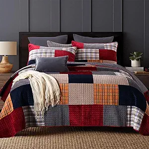 Secgo Velvet Queen Comforter Set for Bed - 100% Cotton Quilts Queen Size, Red, Black Bedspreads (90 * 98 Inch) with 2 Pillow Shams, Patchwork Reversible Lightweight Bedding