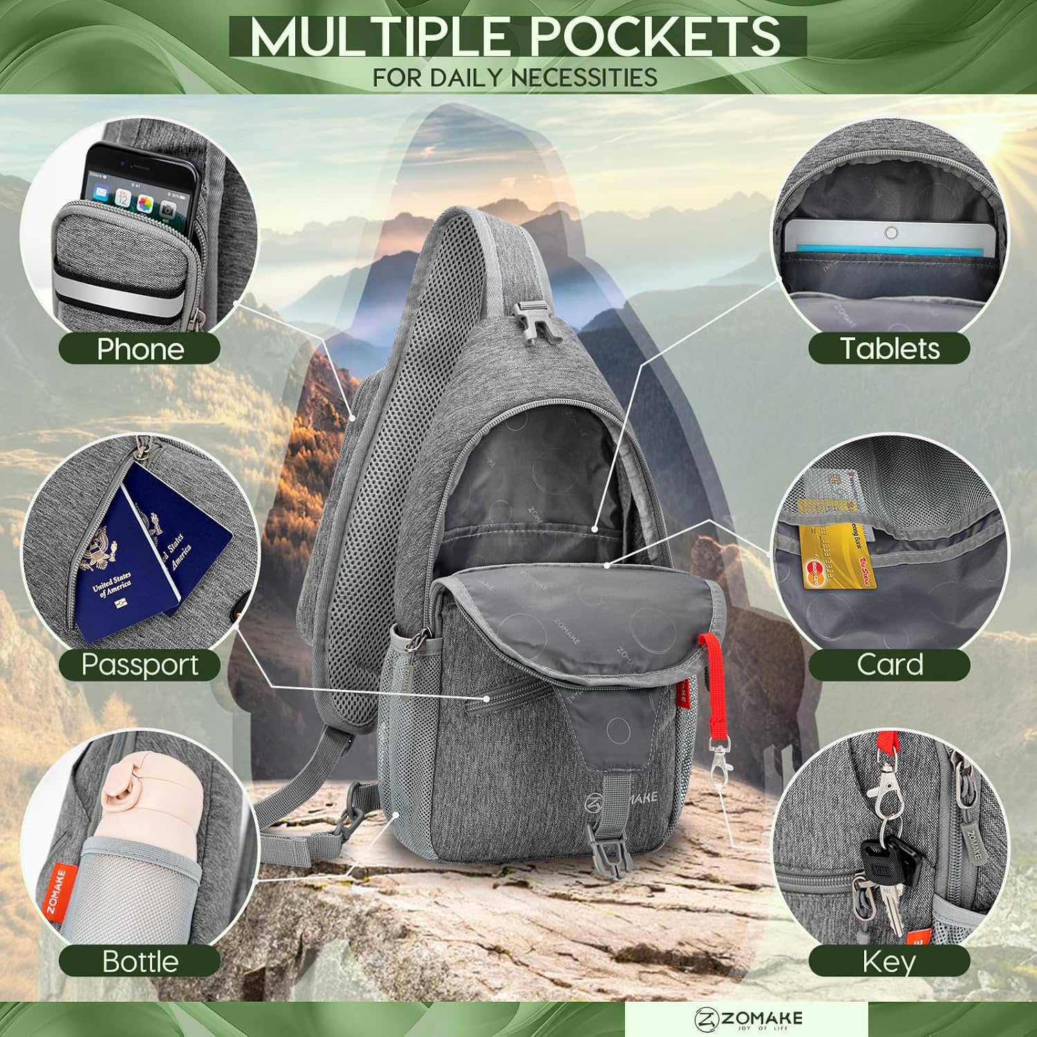 ZOMAKE Small Sling Bag Crossbody, Sling Shoulder Backpack, Waterproof Chest Pack Travel Hiking for Men Women - Image 5