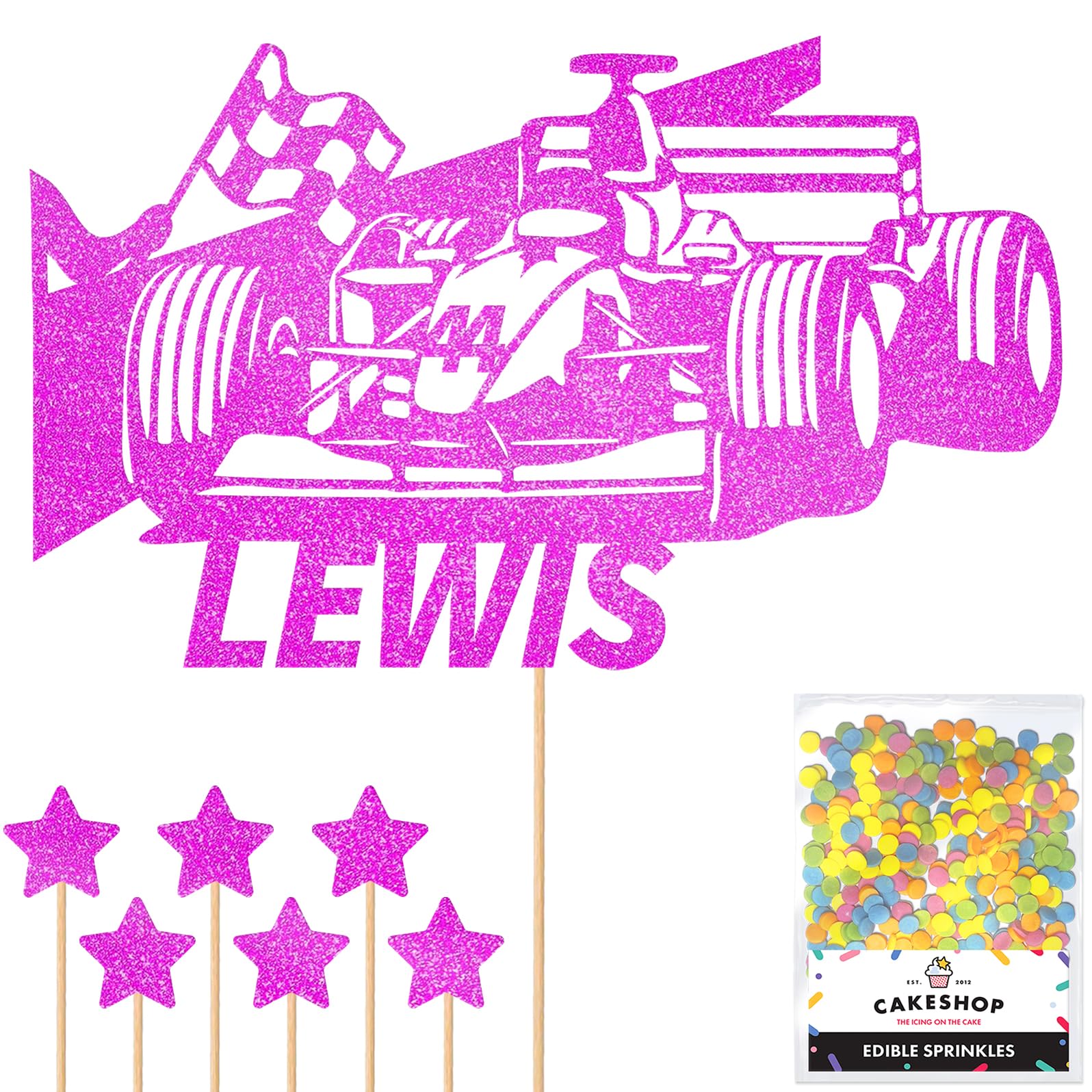 Personalised F1 Motor Racing Car Glitter Cake Topper - Pink Custom Age & Name Glitter Cake Decoration and Sprinkles - Happy Birthday Decorations - Personalised Toppers for Cakes by Cakeshop