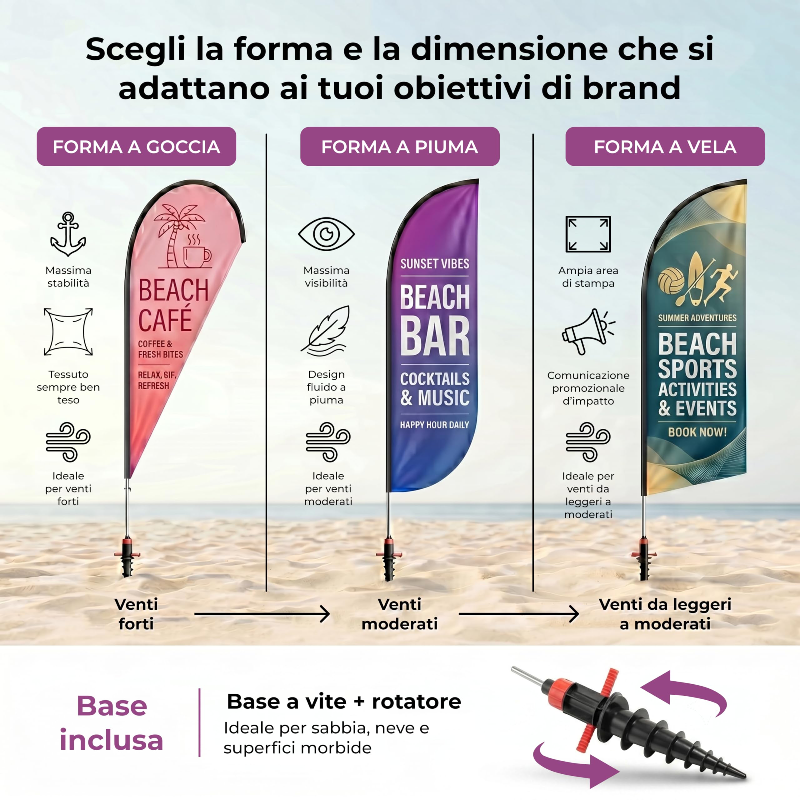 Cimpress Bandiera vela personalizzata 2,6 m, aggiungi il tuo logo o testo, bandiera pubblicitaria double face beach flag con asta per pubblicità esterna, eventi, ristorazione e immobiliare