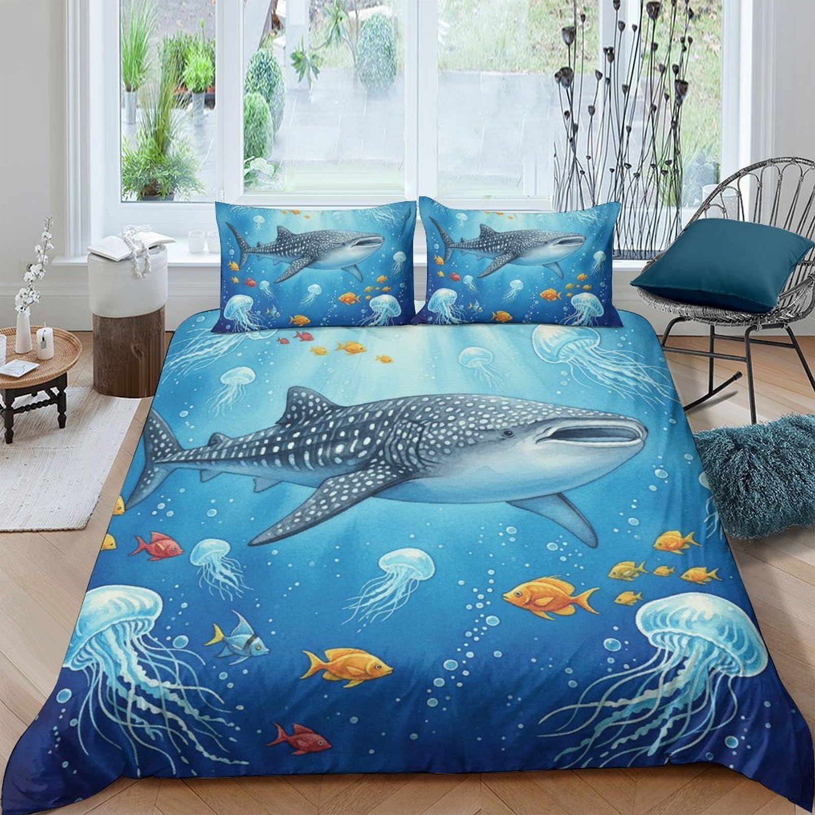 GPLZQXKJNH 3D Printed Whale Shark Ocean Duvet Cover Microfiber Bedding Set with 2 Pillowcases for Bedroom Decor, Soft Breathable All Seasons Single（135x200cm）