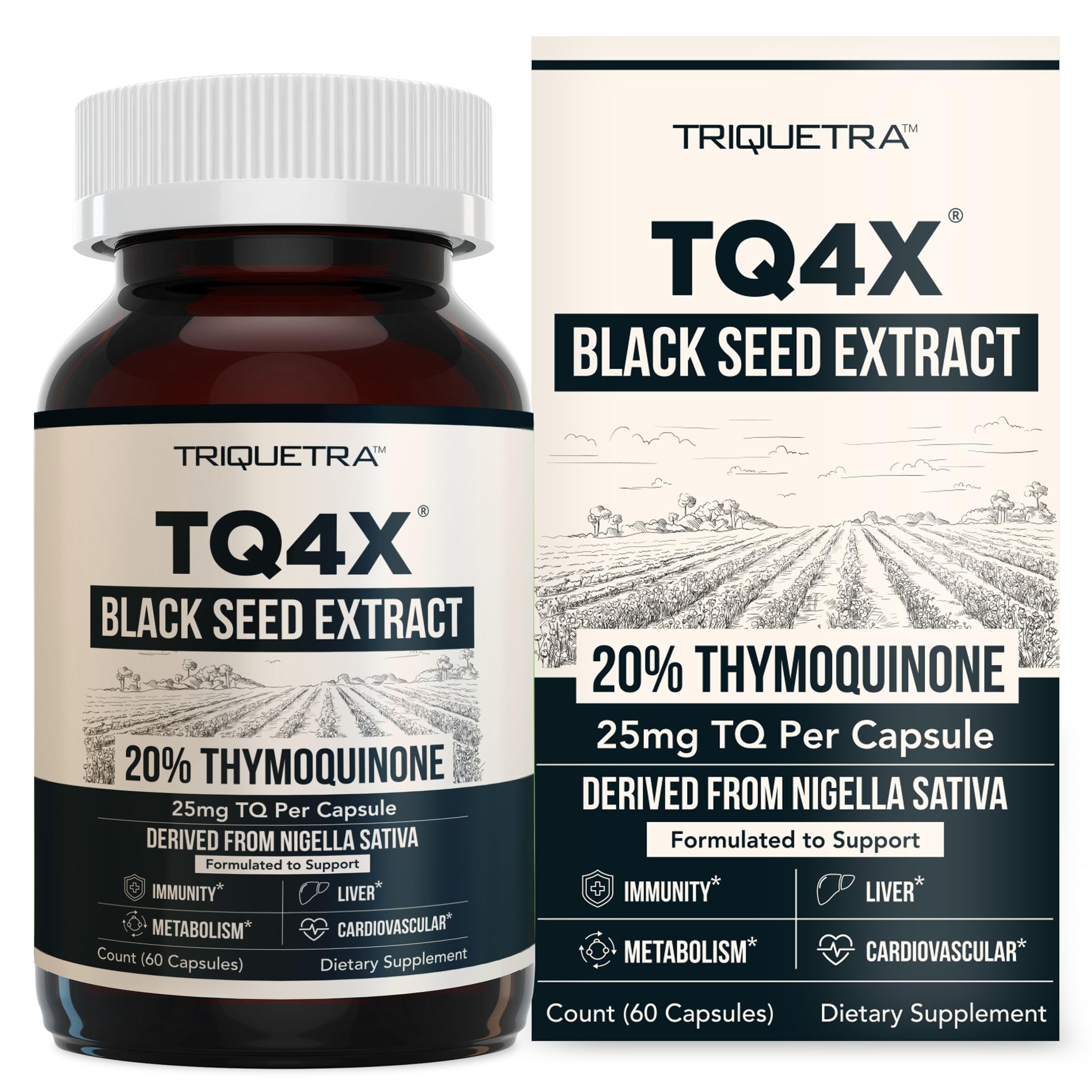 Cápsulas de extracto de aceite de semilla negra con timoquinona al 20 % - TQ-Advanced 4X®: Concentrado de timoquinona potente disponible de Nigella sativa, en forma cruda, vegano, en frasco de vidrio (25 mg - 60 cápsulas)