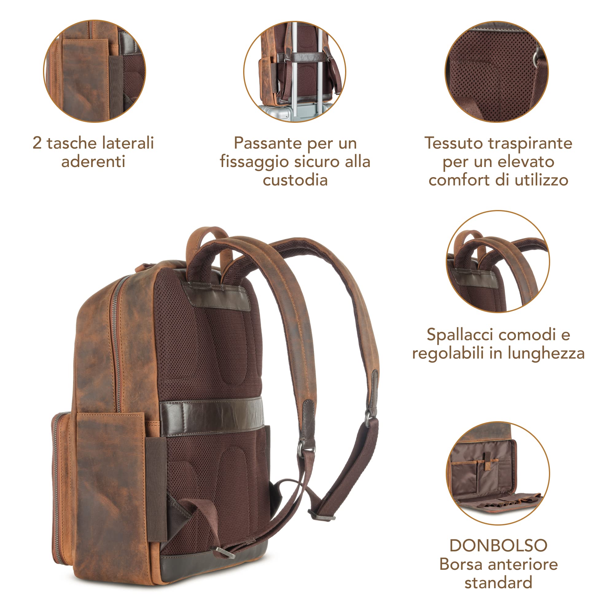 DONBOLSO Zaino Tokio | Zaino in Pelle per Uomo e Donna con Scomparto per Laptop | Zaino in Pelle per Viaggi, Ufficio e Università