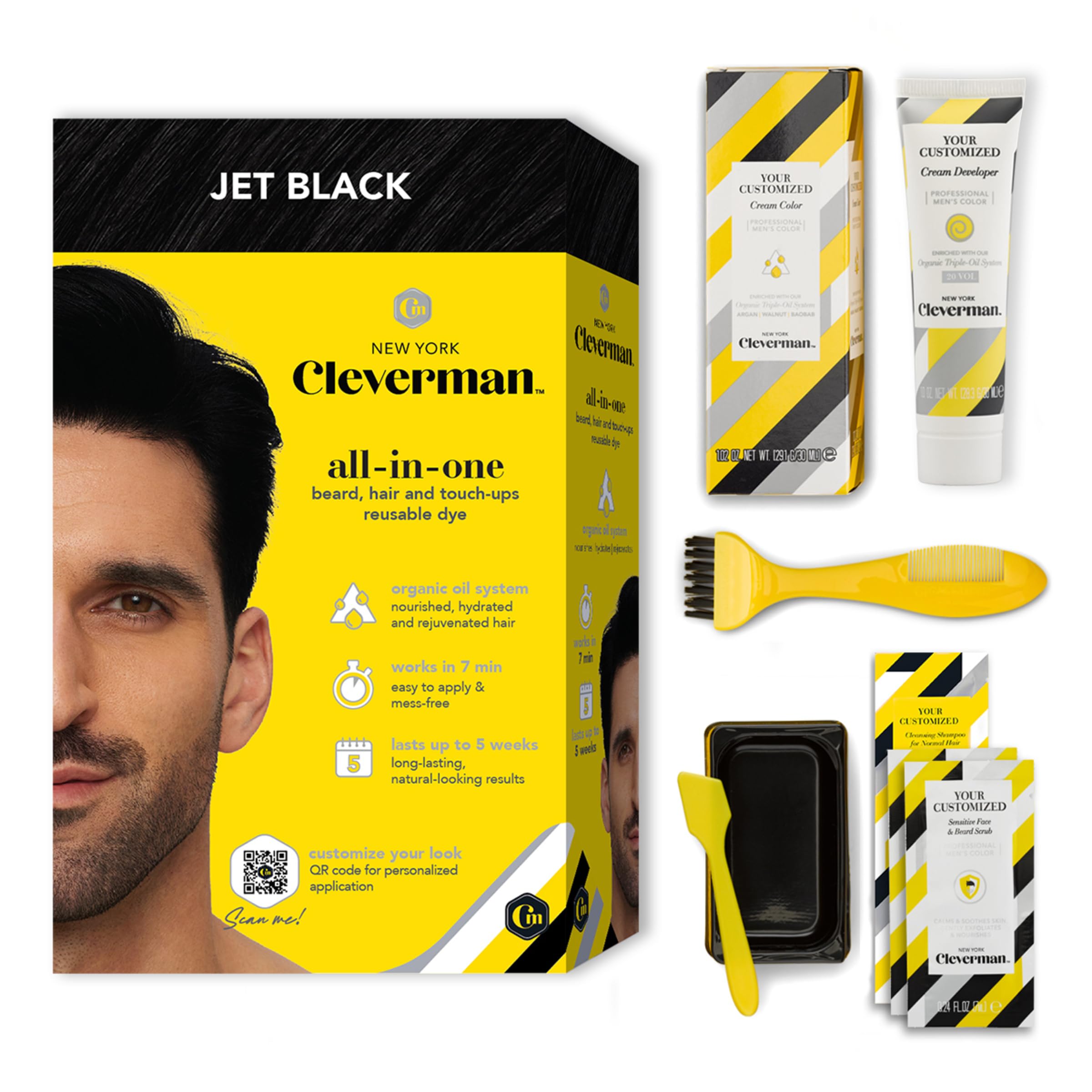 CLEVERMANJet Black Hair & Beard Dye for Men, All-in-One Reusable Kit - Mens Color For Natural-Looking Gray Coverage, Professional-Quality and Ammonia-Free for Hair, Beard & Gray Mustache