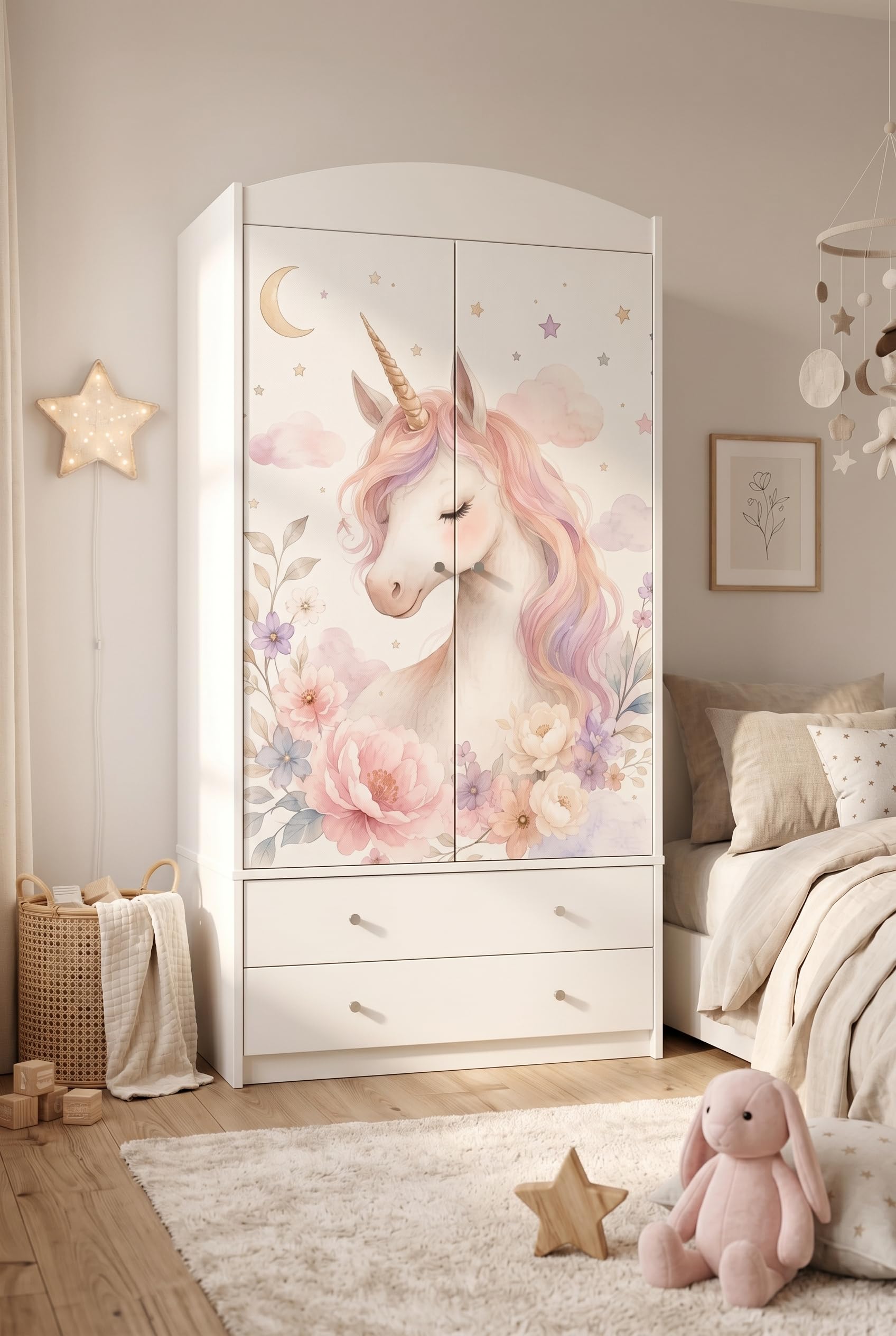 Happy Babies Kinderkleiderschrank mit bezauberndem Motiv – 2-türiger Schrank für Kinderzimmer inkl. 2 Schubladen, Kleiderstange & Einlegeböden, Weiß (88x187x54 cm) (Nr 452)