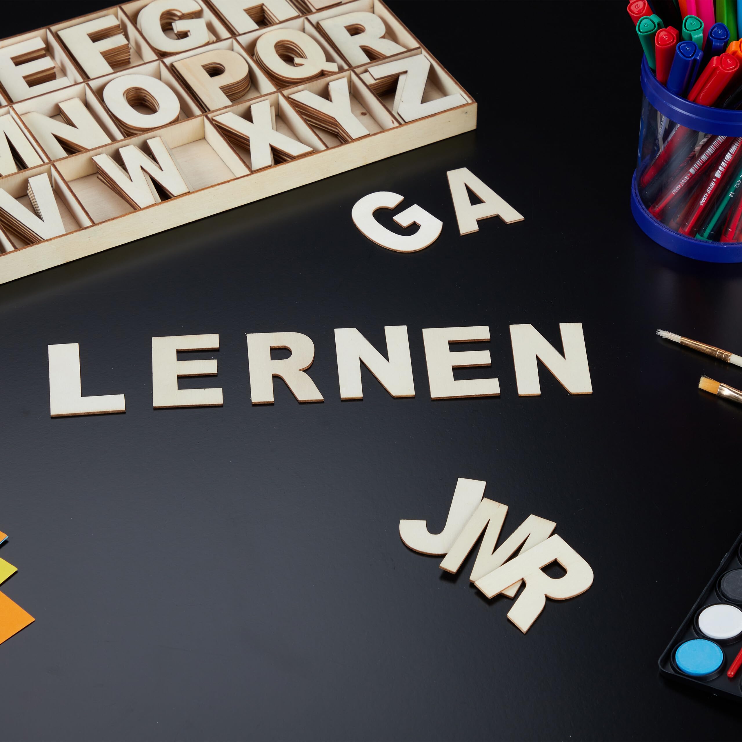Relaxdays Wooden Letters Set, 208 pcs, Uppercase A-Z, with Convenient Storage Box, Characters, Decoration, Natural, Wood - Image 2