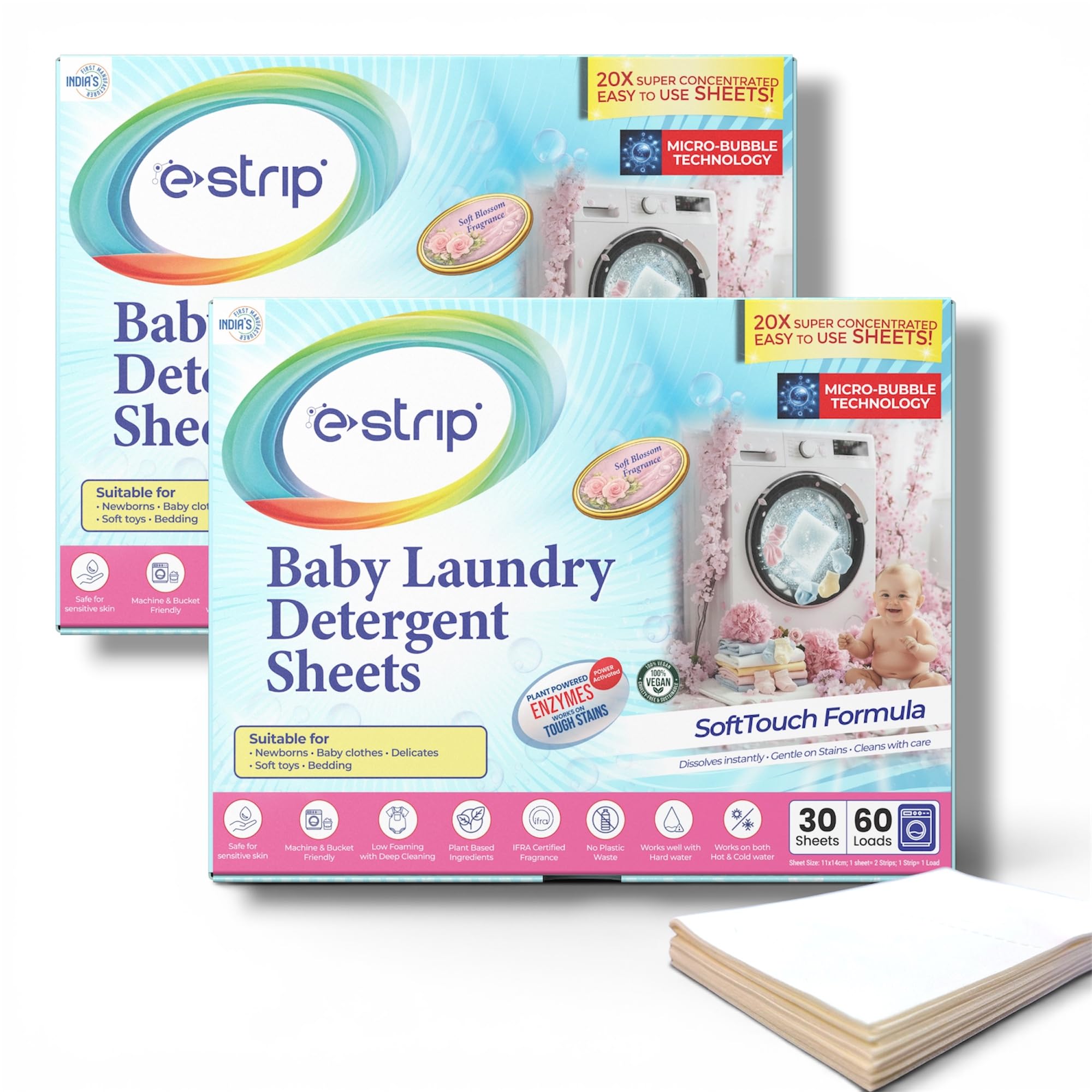 eStrip Baby Laundry Detergent Sheets with Micro-Bubble Technology | Plant-Based, Hypoallergenic | Works in Hot & Cold Water | Machine & Hand Wash Friendly (60 Sheets)-image-49