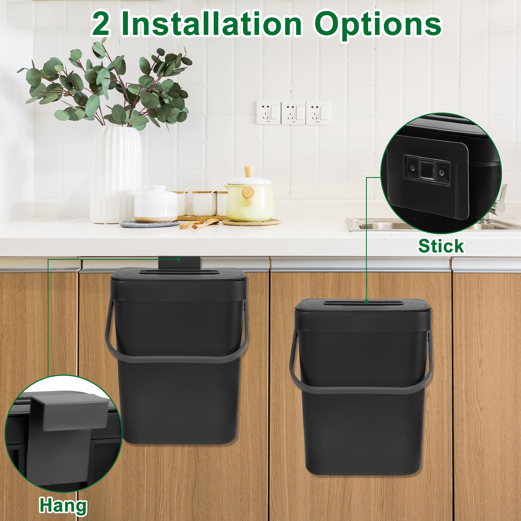 Secchio da Compost da Cucina Piccolo Bidone della Spazzatura Sospeso con Coperchio 3L Secchio di Rifiuti Organici per Cucina Nero