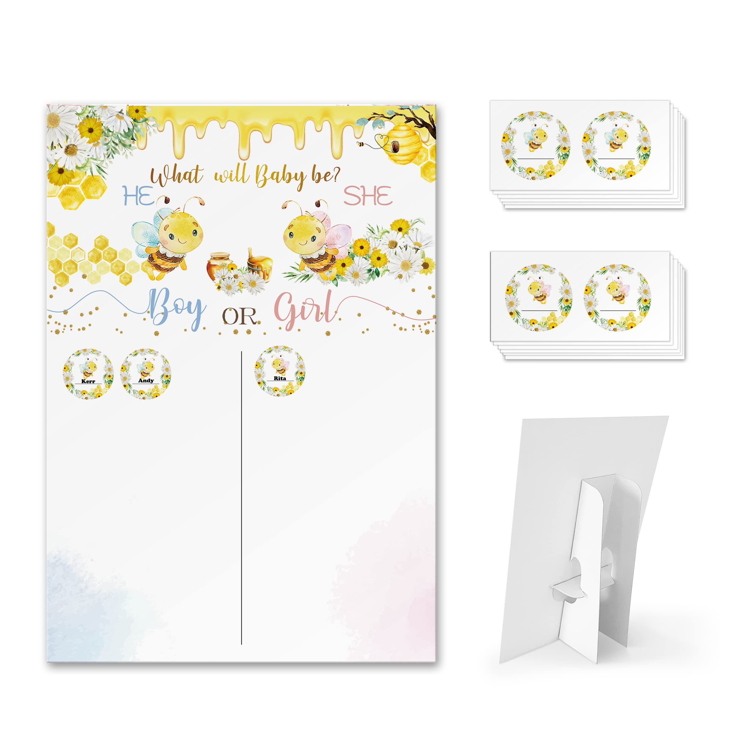 BEE Reveal Games Voting Board with Stand, 60 Bee BOY and Girl Stickers for Party Guests，He or She, Cast Your Vote Guess Game, Gender Reveal Party Centerpiece Decorations