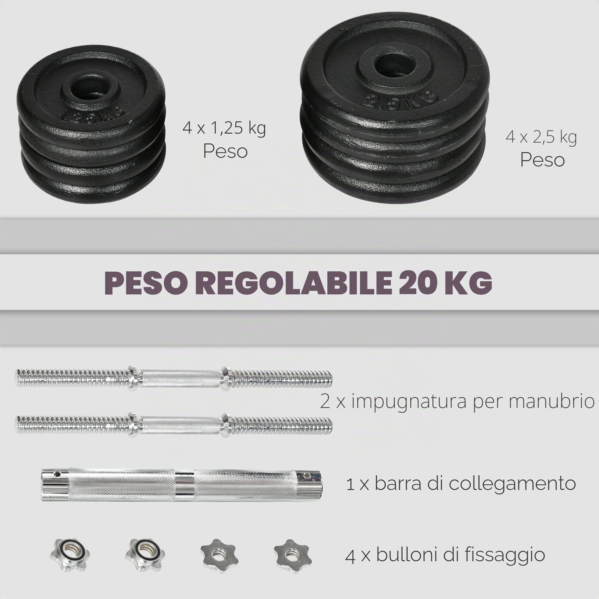 Soozier 44 lbs 2-in-1 Bilanciere e manubri regolabili, Nero | Set pesi liberi, impugnature antiscivolo, allenamento domestico.