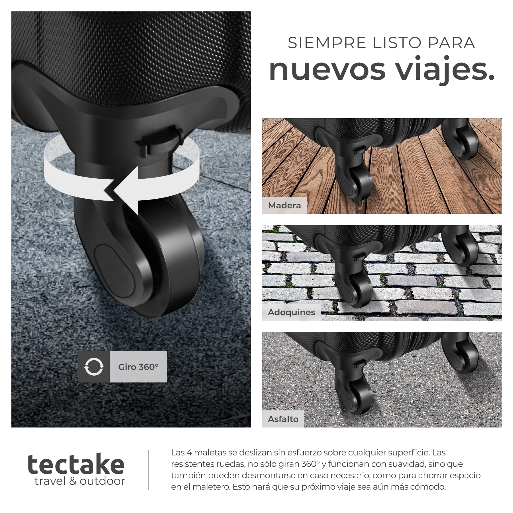 tectake® Juego de 4 Maletas Rígidas en ABS, con Báscula y Etiquetas de Equipaje, Set de Maletas de Viaje con Ruedas de 360º y Asa Telescópica, Cerradura de Combinación, Apilables Entre sí - Negro