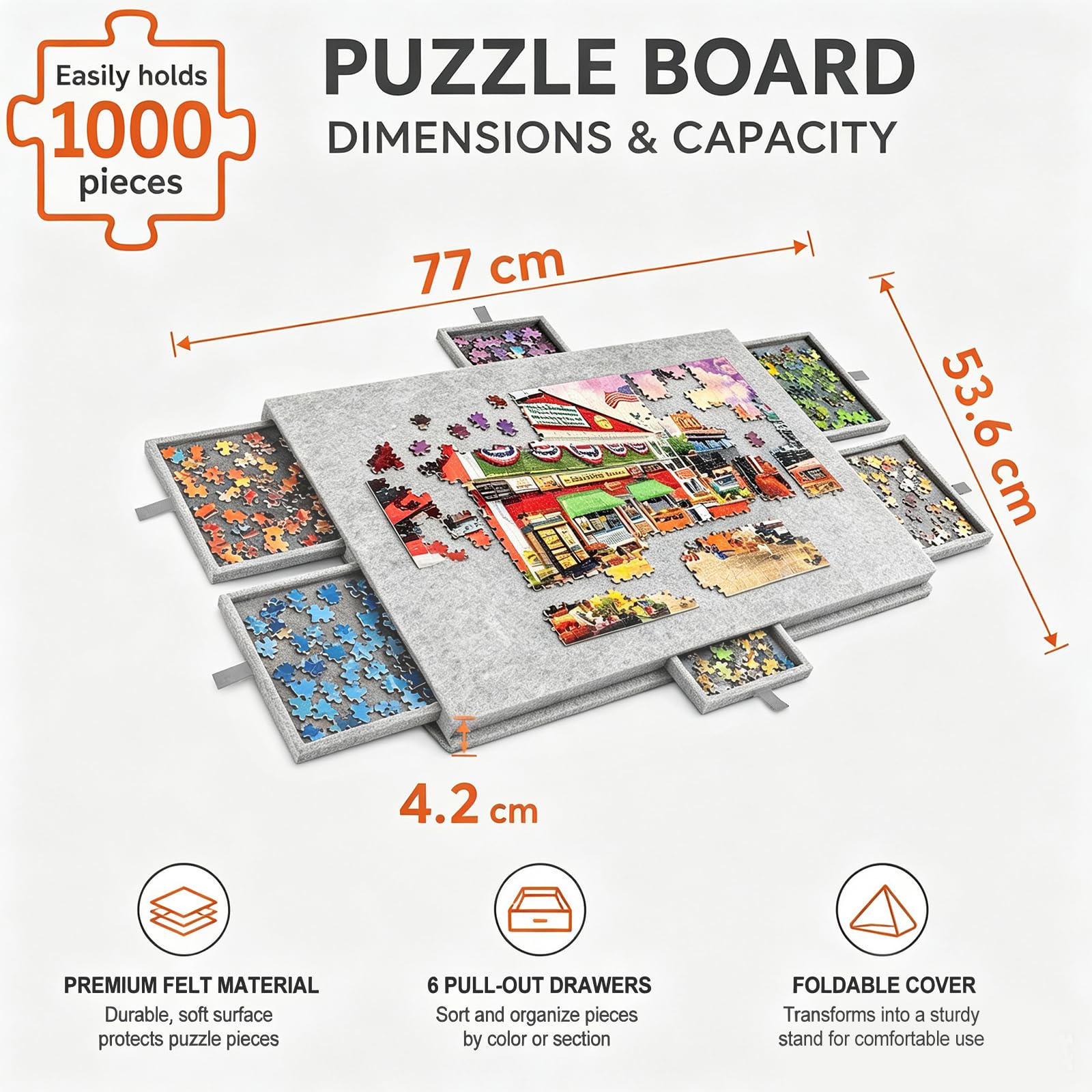 Deska do puzzli 2 w 1 na 1000 elementów z 6 szufladami, uchylny i składany stół do puzzli z filcu z pokrywą i stojakiem, przenośna teczka do przechowywania puzzli (srebrno-szara)