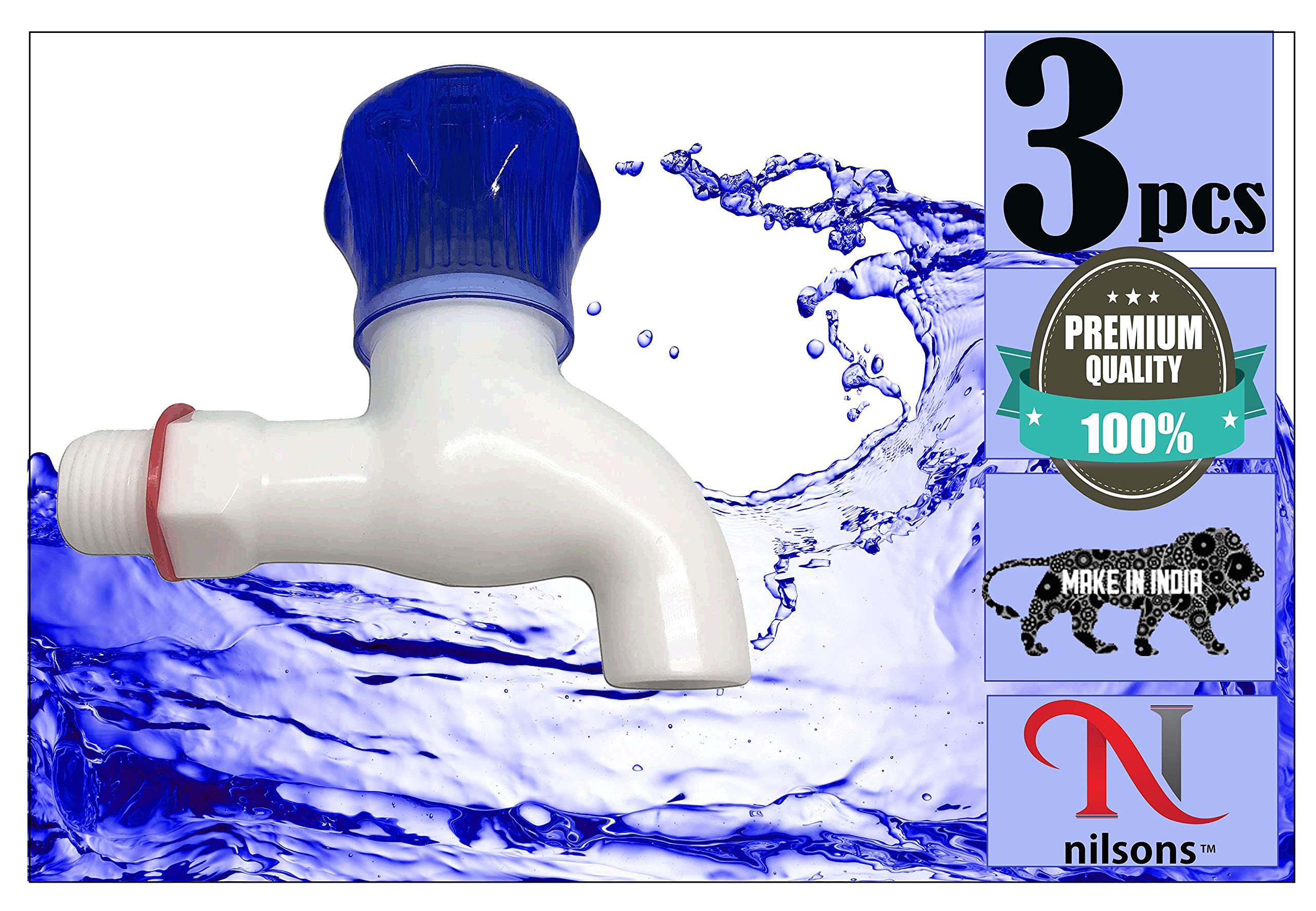Nilsons® Pvc Bib cock,plastic bib tap for bathroom,kitchen,washbasin,garden,outdoor combo (1/2", 15 mm,3 pcs, Crystal BLUE)