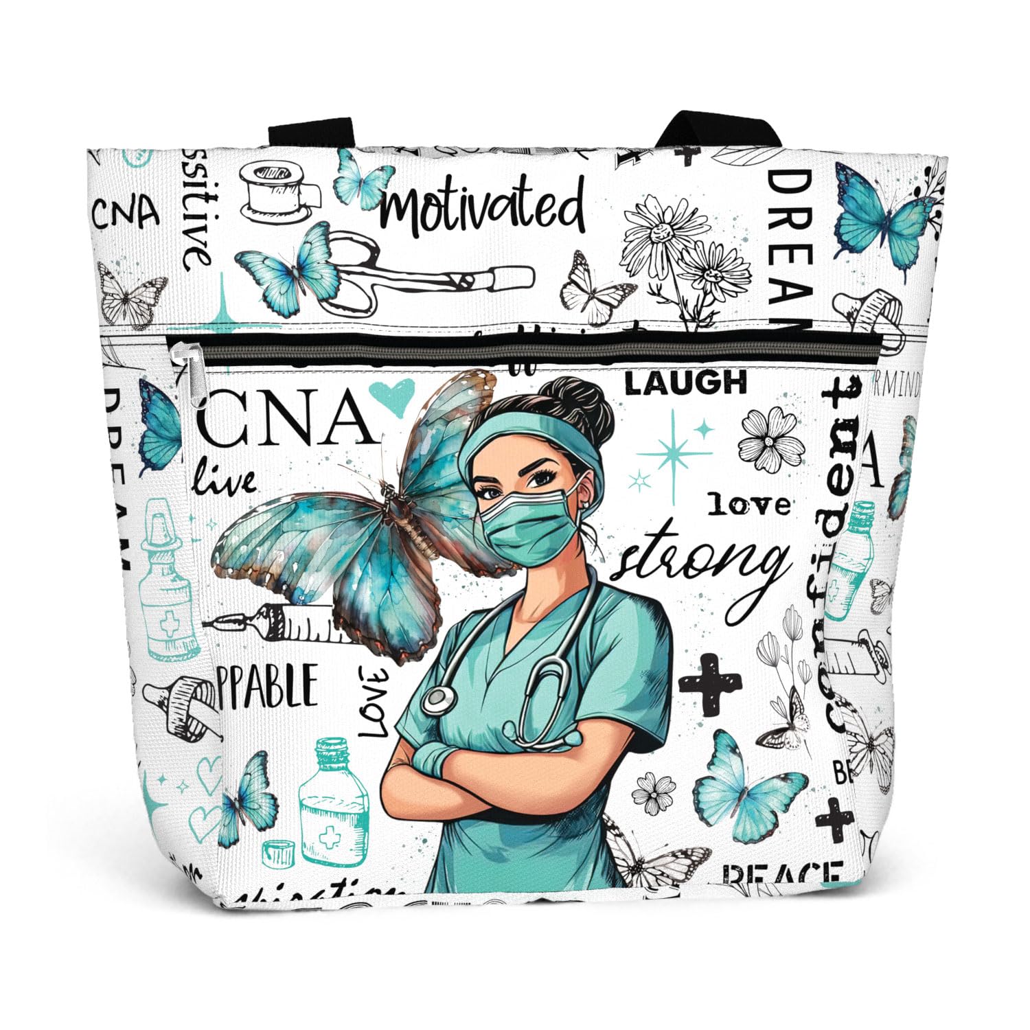 84hoods Large Tote Bag for Work for Women. Waterproof Shoulder Bag with Pockets and Zipper. Gift for CNA Nurse.