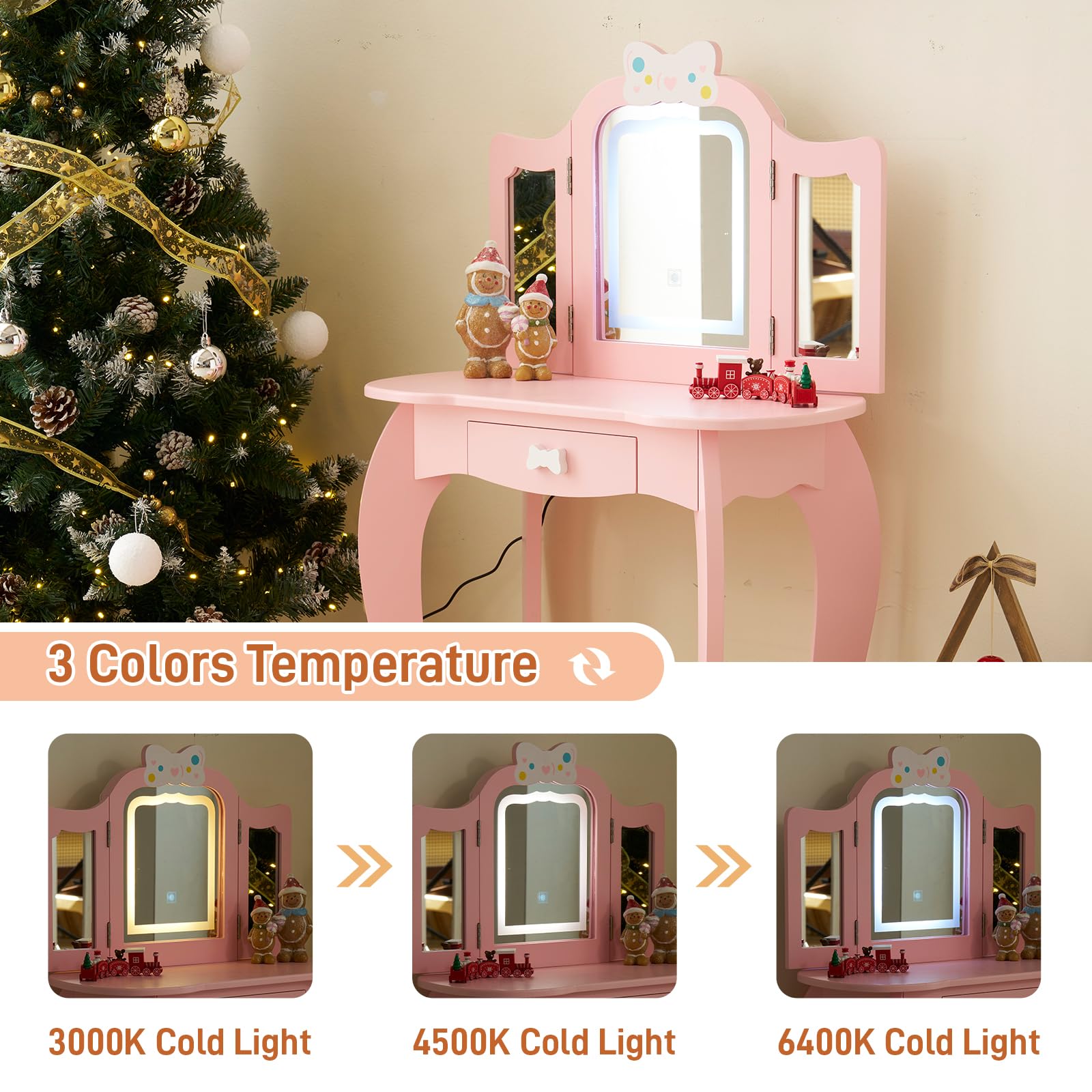 LEADZM Coiffeuse pour Enfants avec Miroir à Trois Volets avec Tabouret, Lampe LED Tactile à 3 Couleurs (Rose)