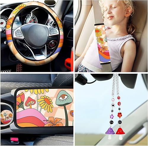 Miniatura 3 de Nuenen Juego de 17 fundas de asiento de coche con diseño de hongos bohemios, accesorios de automóvil, diseño de hongo para espejo retrovisor, diseño